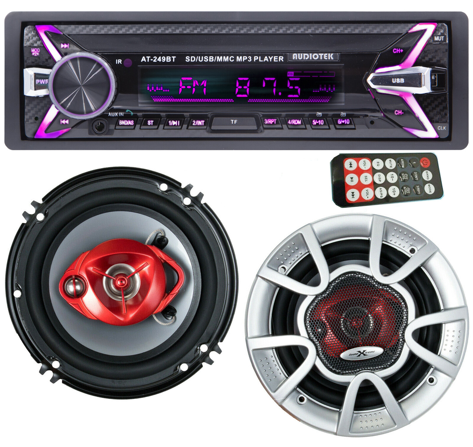 Audiotek AT-249BT 1-DIN Car Receiver USB AUX w/ Bluetooth + 2x Speakers 350W