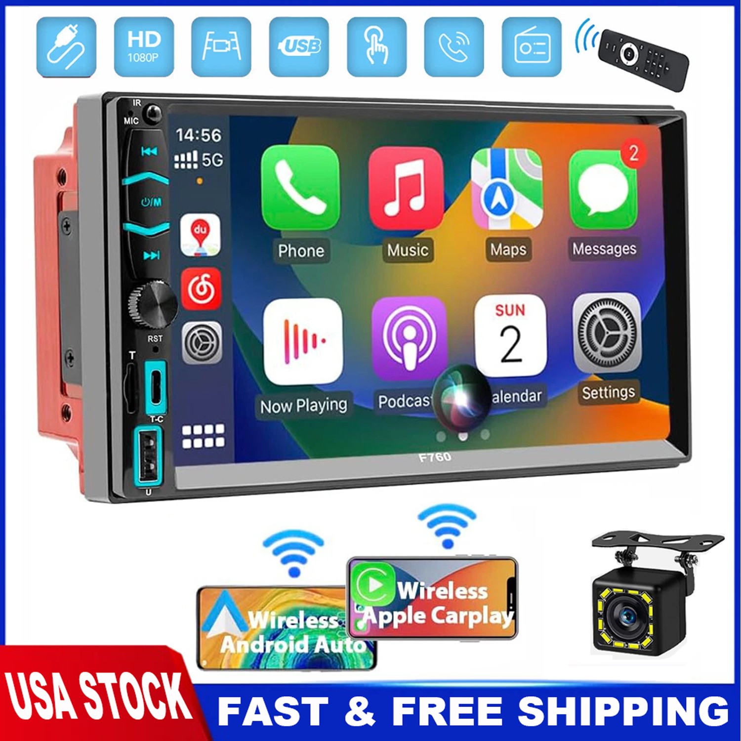 7″ Wireless Car Radio FM Double 2DIN Apple CarPlay Stereo Touch Screen Bluetooth