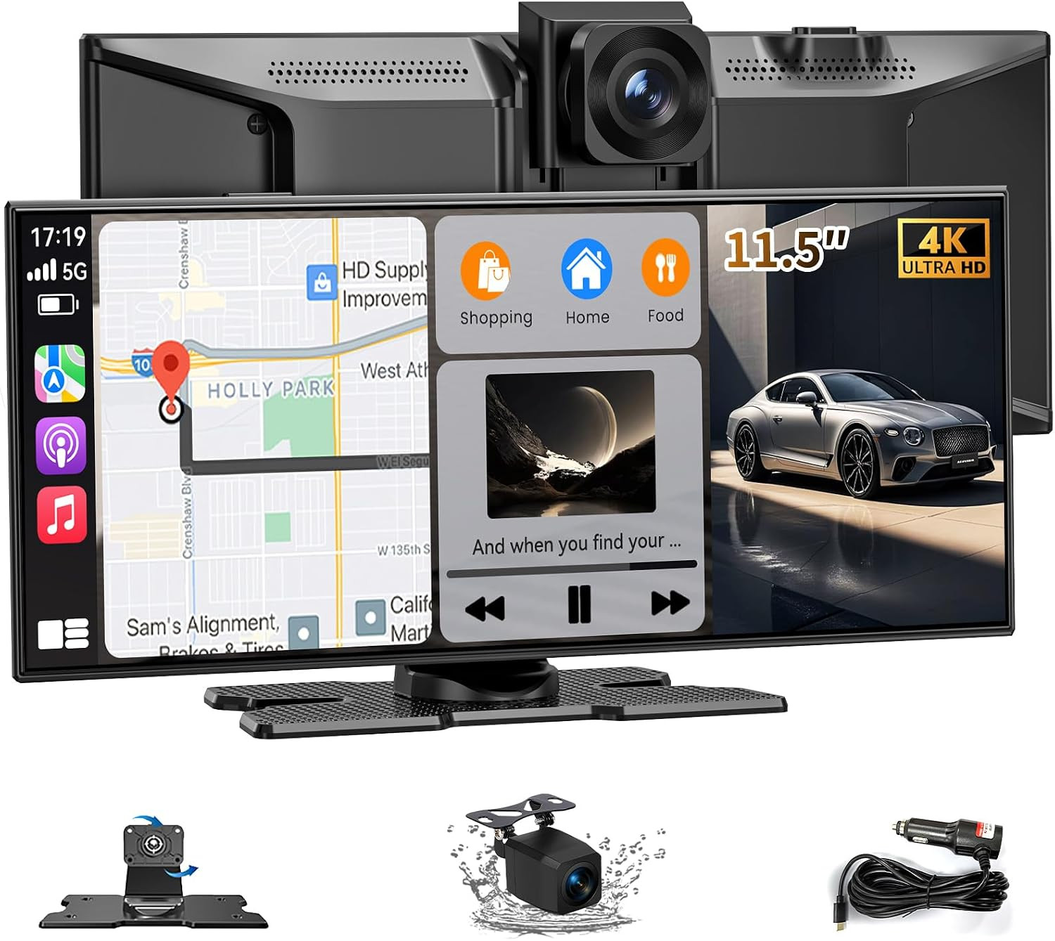 Carplay Screen for Car, 11.5″ Wireless Carplay Screen with 4K Dash Cam, 1080P Re