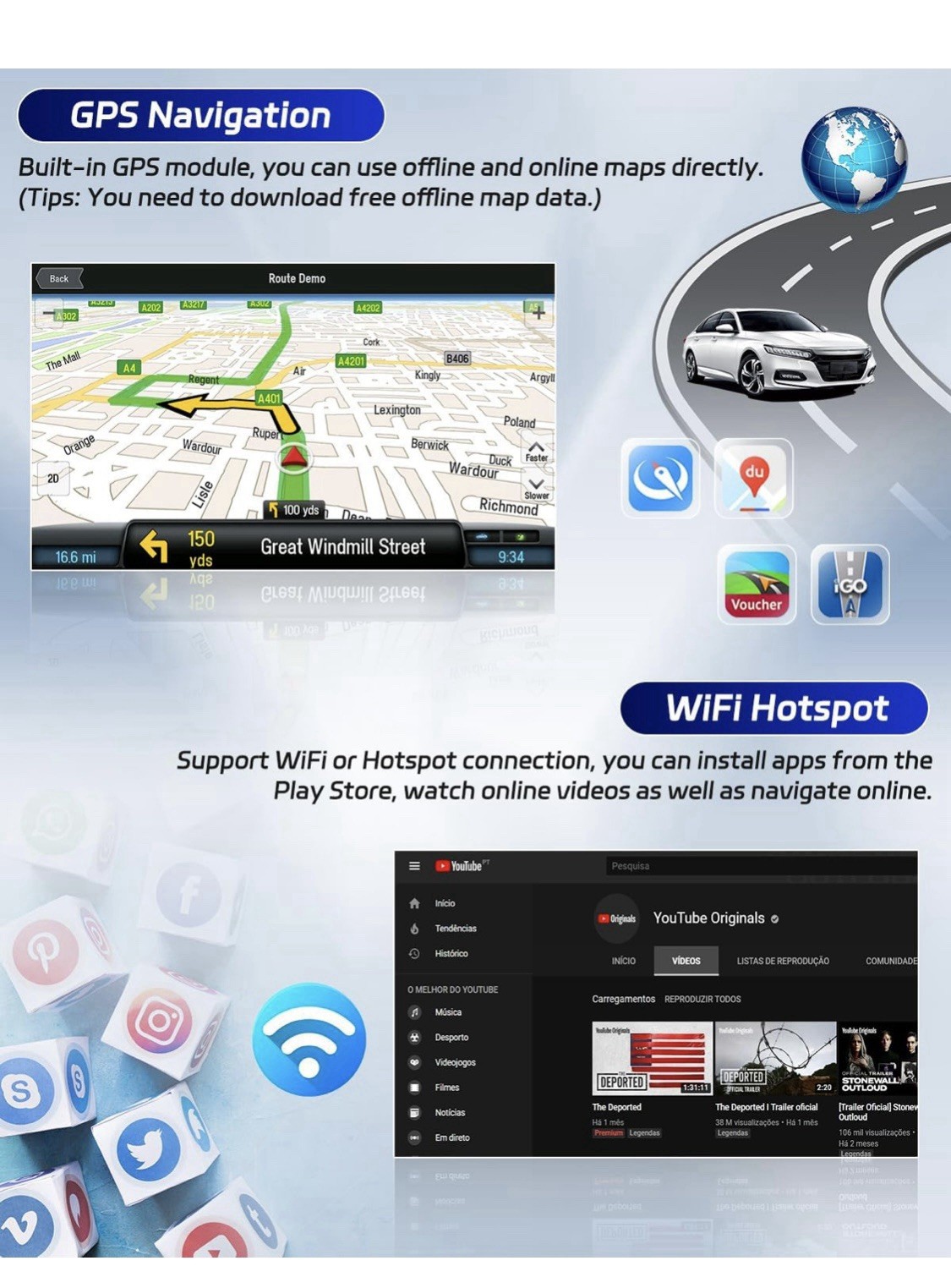 Bluetooth, Touchscreen,CarPlay, Android Auto,Hi-Fi Sound,FM/RDS, Mirror Link,GPS
