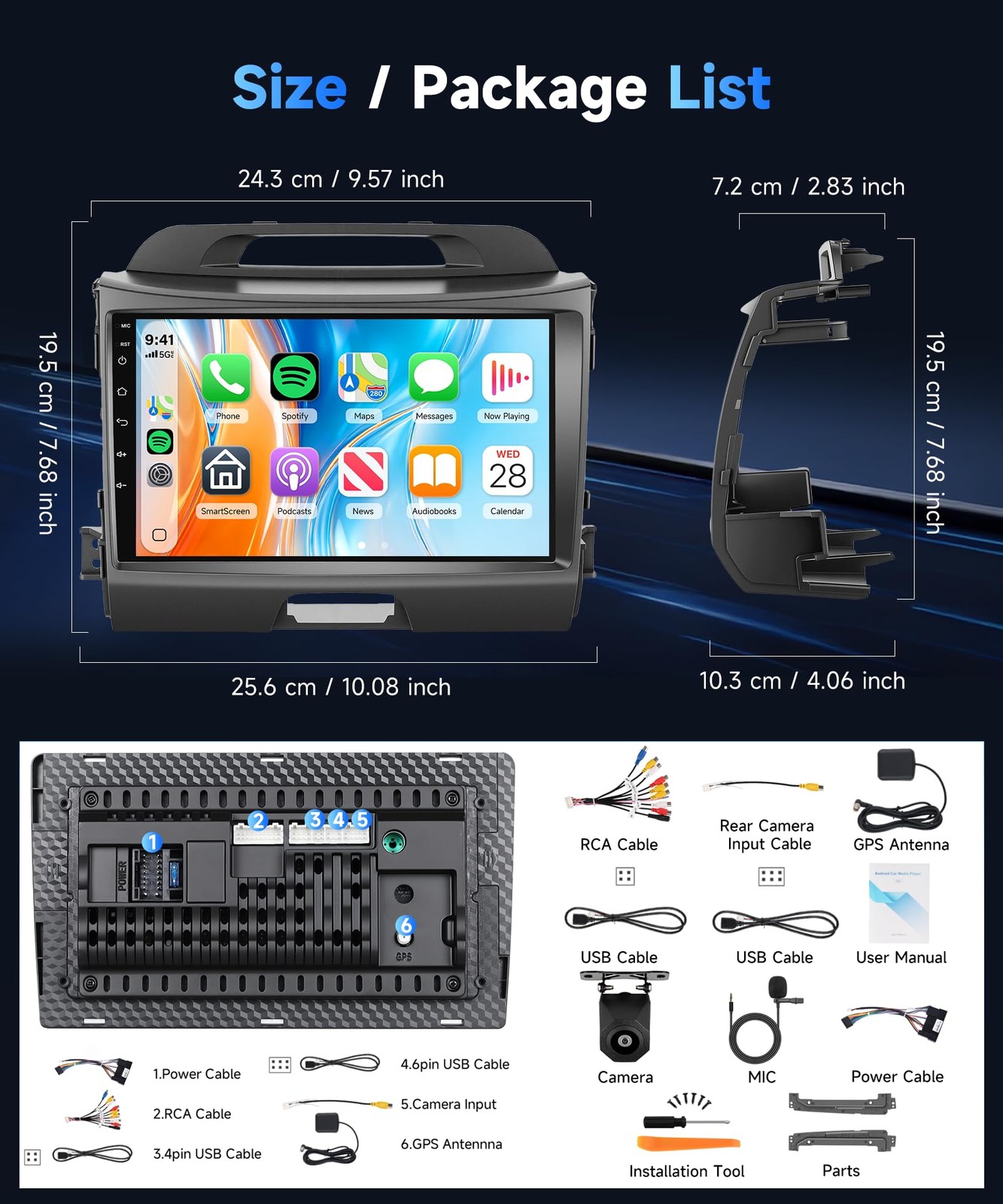 9″ Touchscreen Wireless Carplay Android Auto Stereo for 2010-2016 Kia Sportage