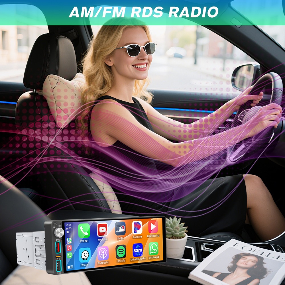 Single 1 Din Car Stereo Apple CarPlay 6.9” touchscreen Bluetooth Radio SWC USB