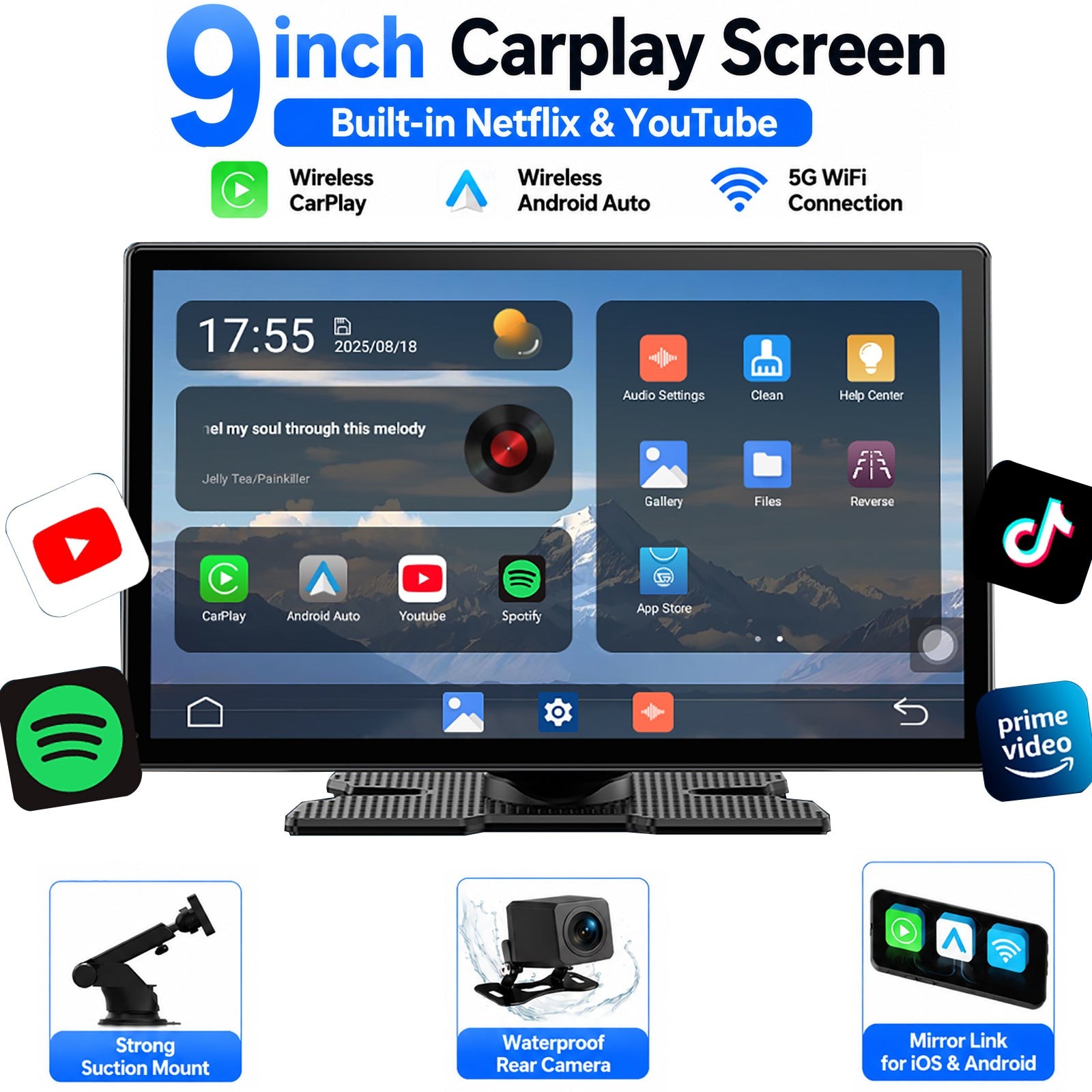 3-in-1 9’Carplay Screen Wireless AI Video BOX with Net-Flix YouTube +Rear Camera