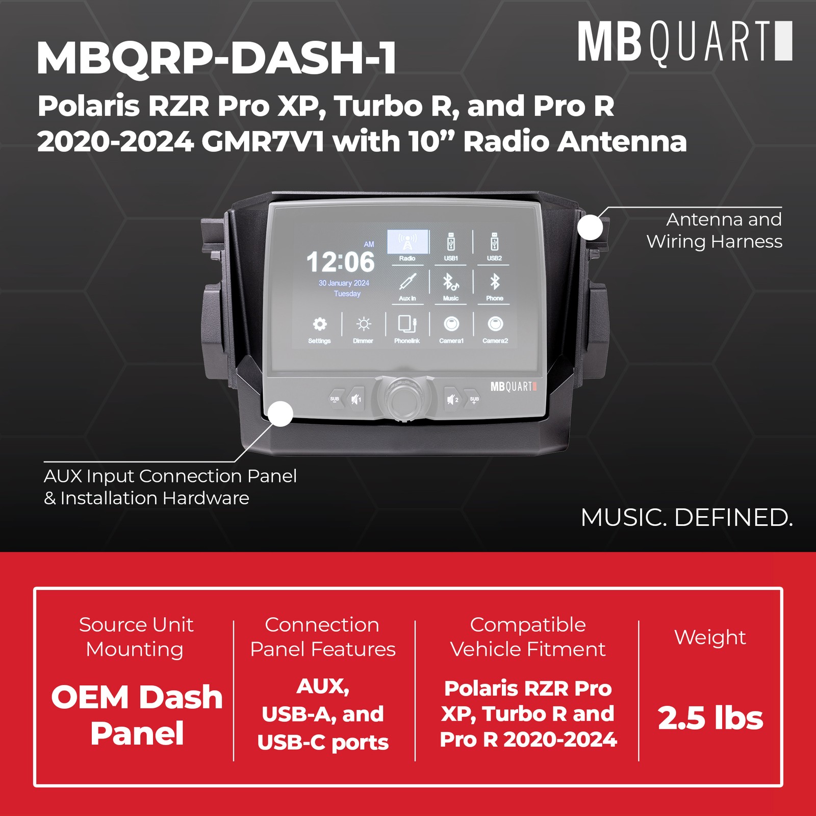 MB Quart Dash Kit with Harness for 2020-2024 Polaris RZR Pro XP, Turbo R & Pro R