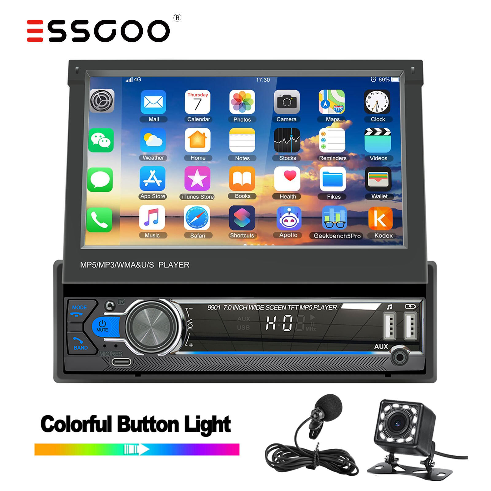 Single 1DIN 7″ Car Stereo Radio Flip Out Touch Screen AUX Type C USB with Camera