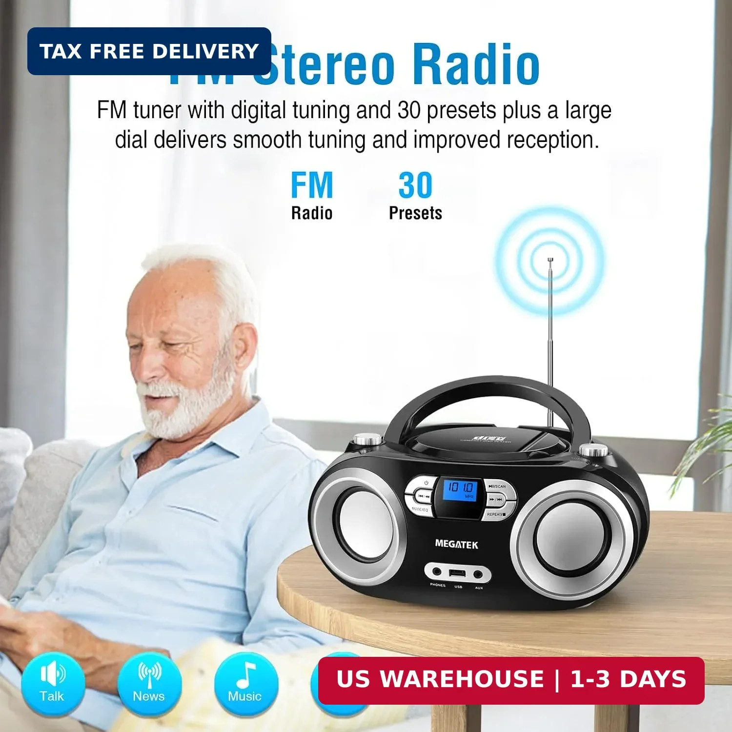 MEGATEK Portable CD Player Boombox with FM Radio, Bluetooth, USB Port, AUX Input