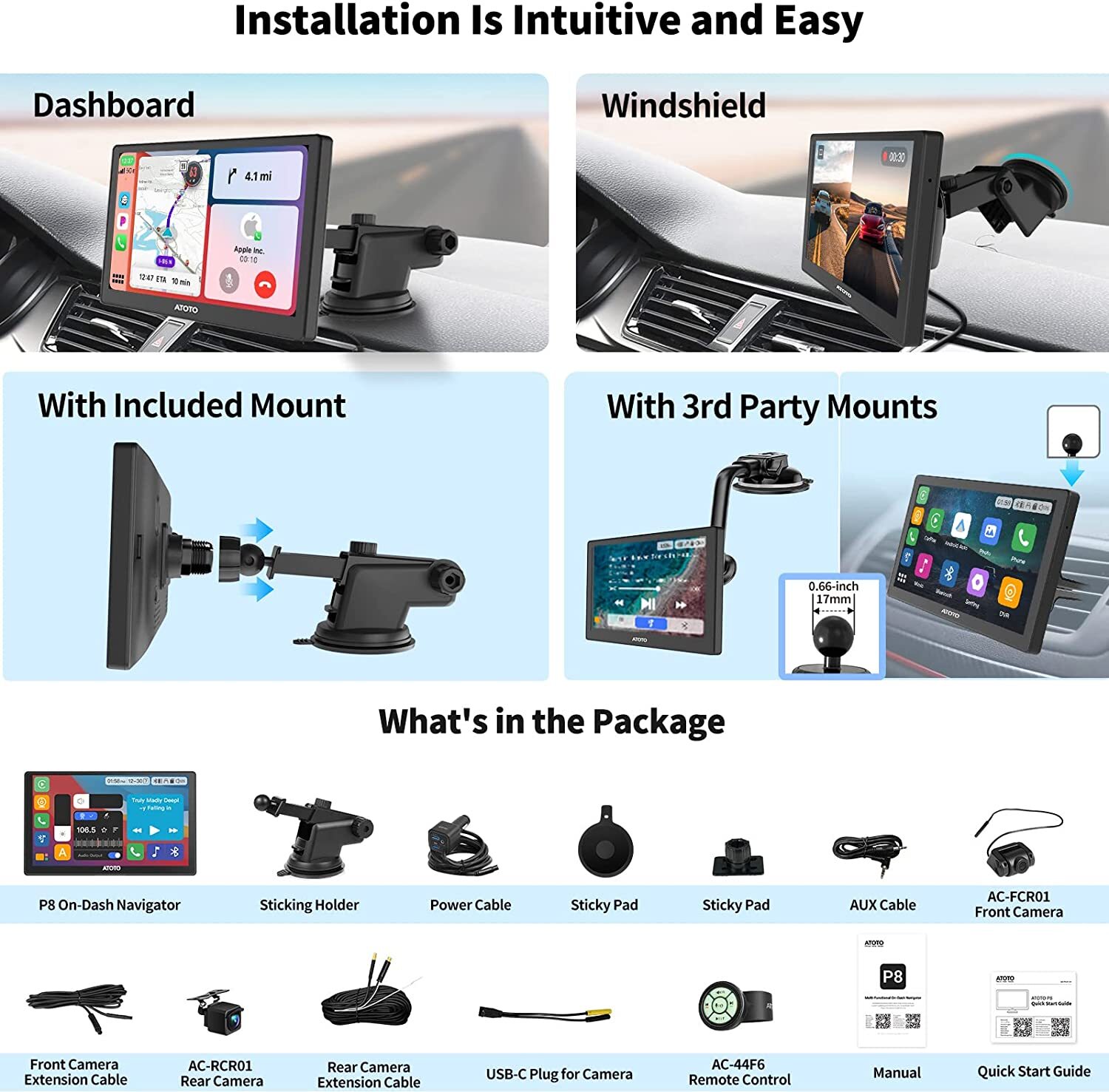 ATOTO P8 7″ Portable Car Stereo+Dash&Rear Camera+Remote Control Wireless Carplay