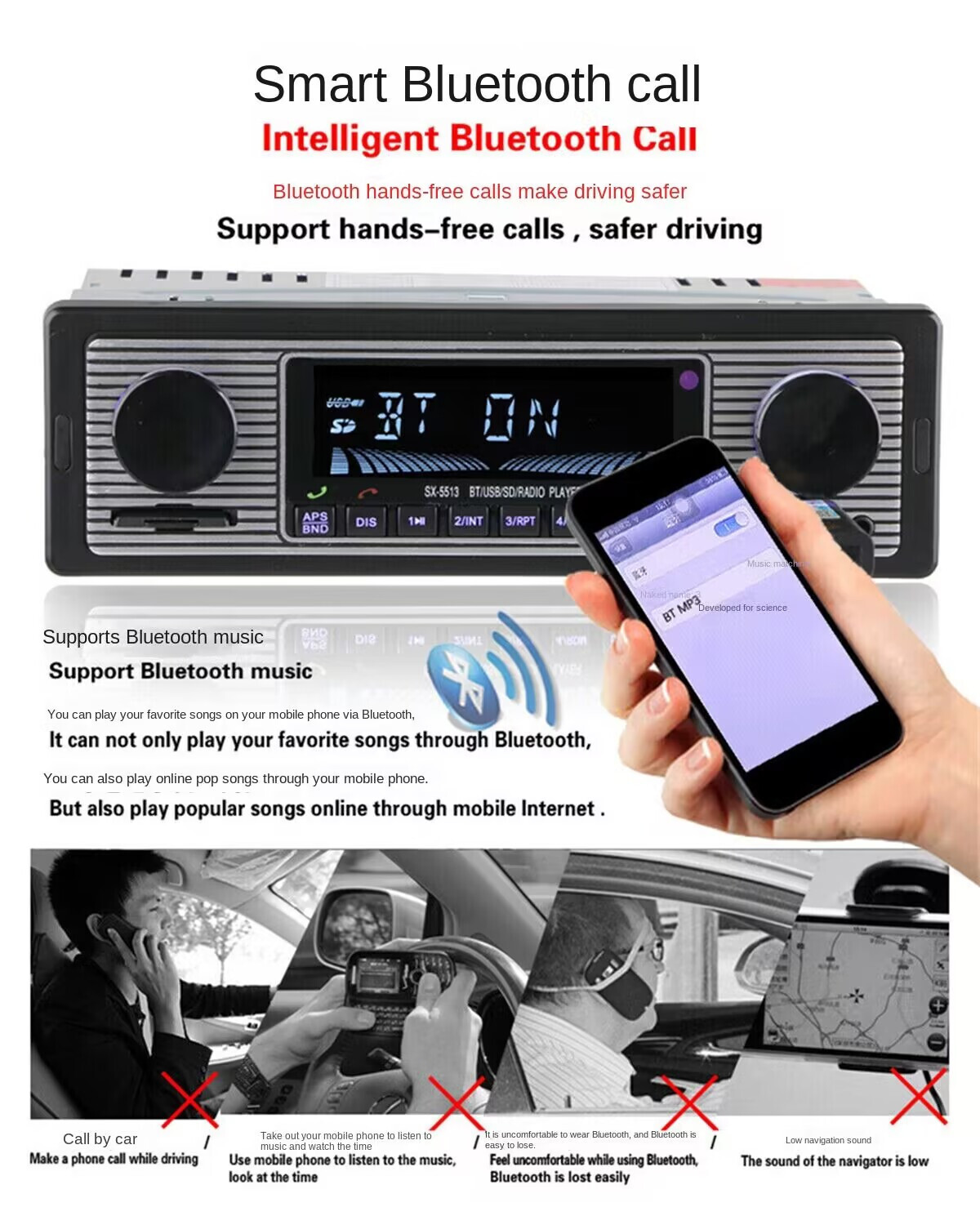 Bluetooth Car FM Retro Radio MP3 Player Stereo USB AUX SD Audio In-Dash Remote