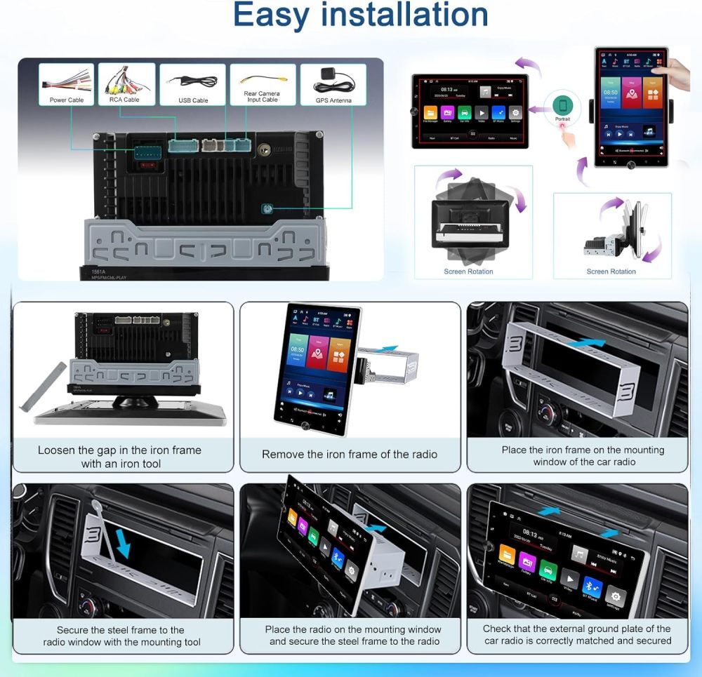 10.4” Android 15.0 Single 1 Din Carplay Rotatable Car Stereo Radio GPS + Camera