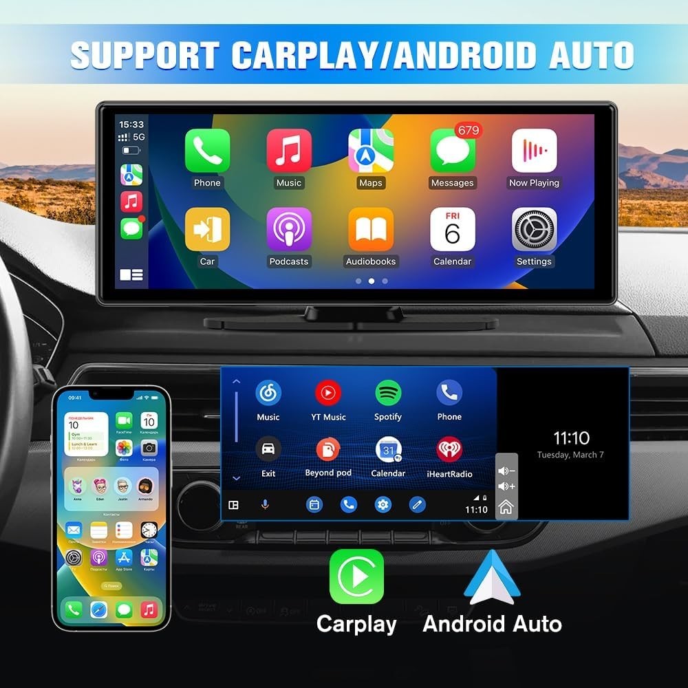 Universal Wireless CarPlay Screen with 4K+1080P Cameras, Lightweight Design