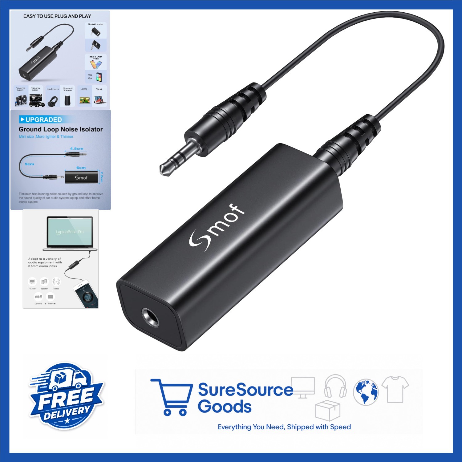 Portable Ground Loop Noise Isolator with 3.5mm Cable for Audio Systems