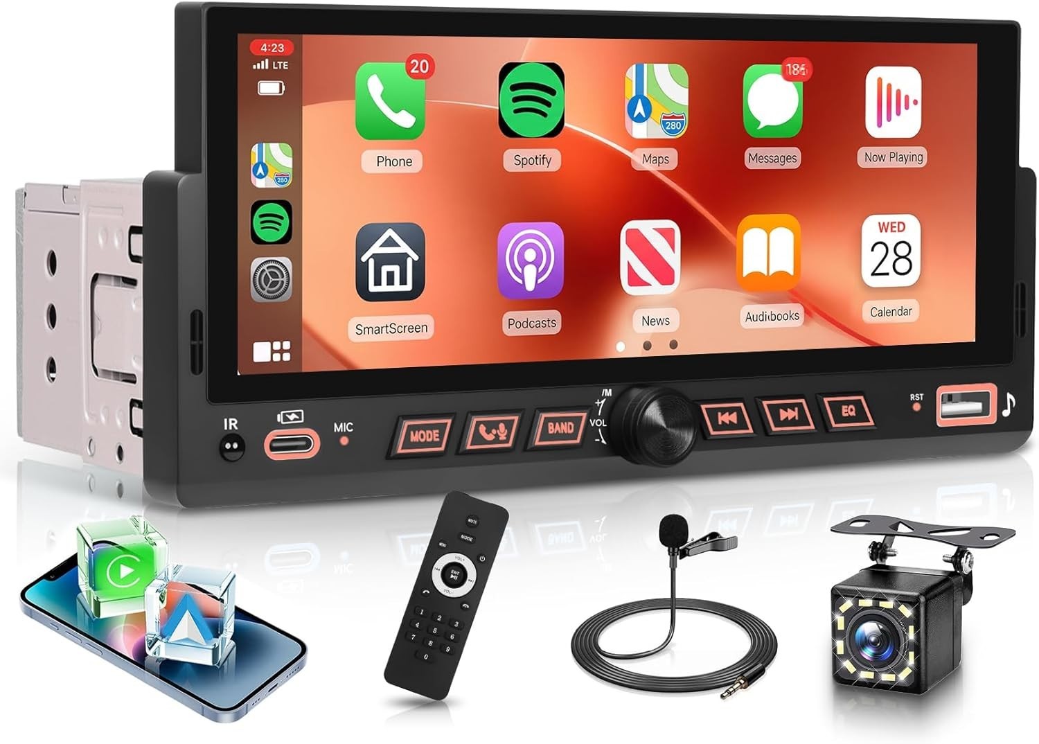 Single Din Car Stereo Wirelsss Carplay Android Auto, 1 Din Head Unit Bluetoot…