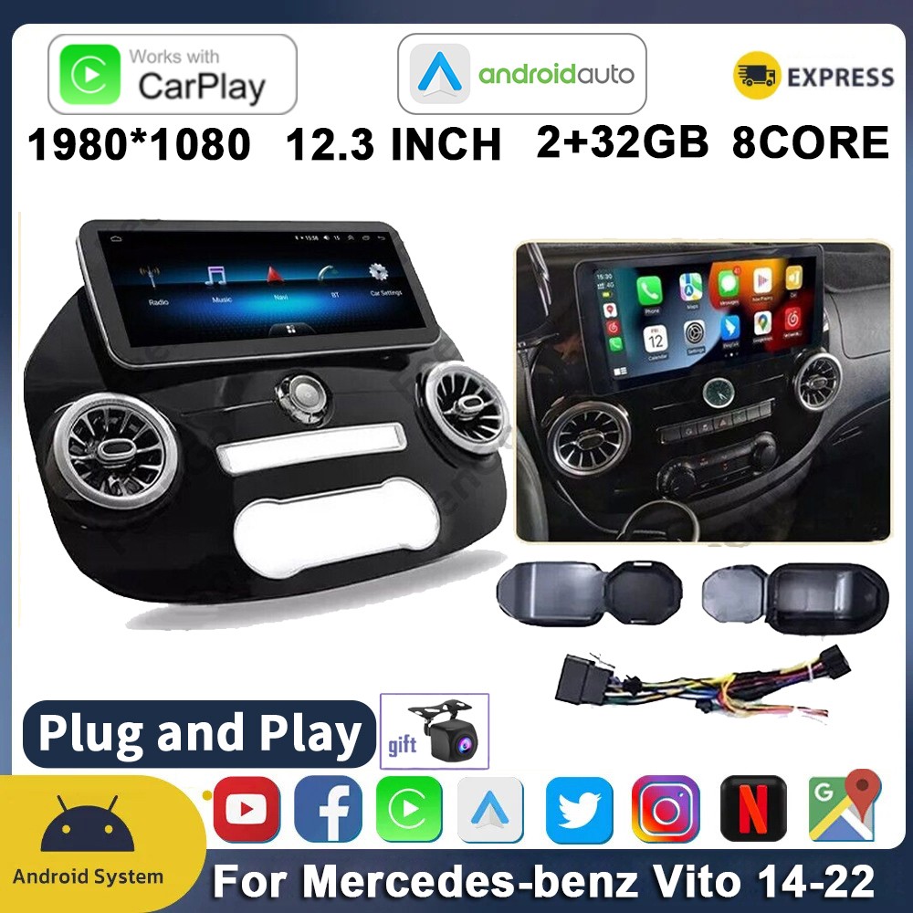 For 2014-22 Benz Vito Metris Touch Screen 12.3″ Car Stereo Carplay Android 32GB