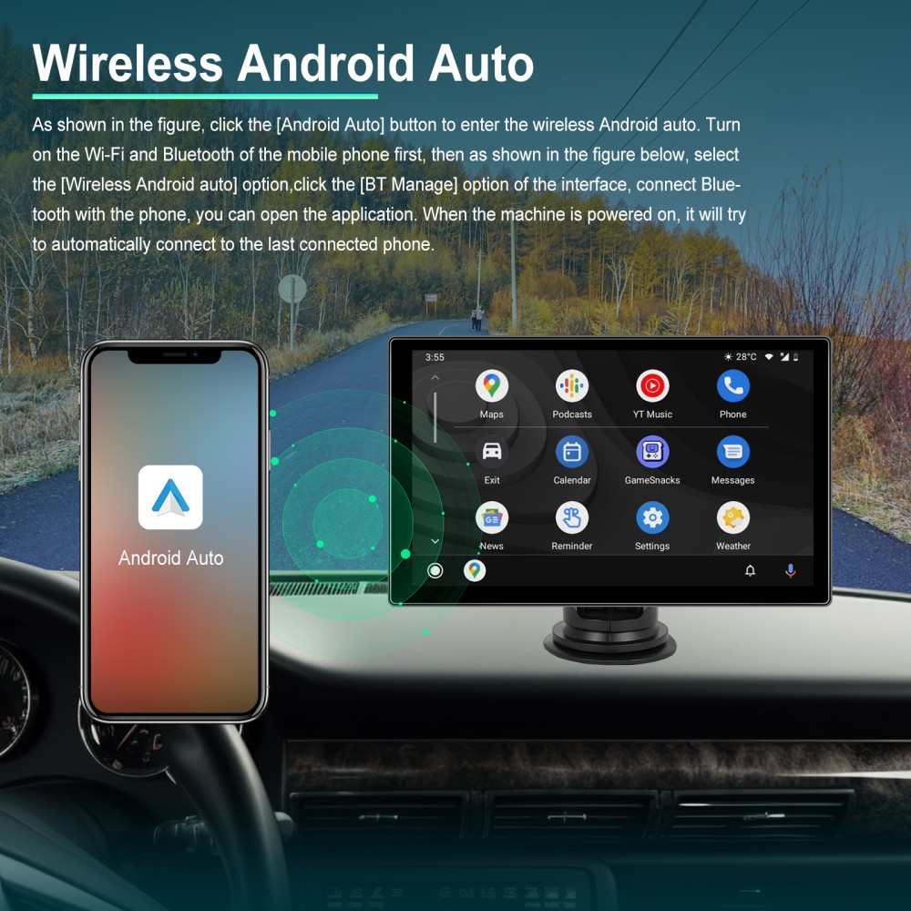 9″Portable Car Stereo Radio Wireless Apple Carplay/Android Auto Touch Screen GPS