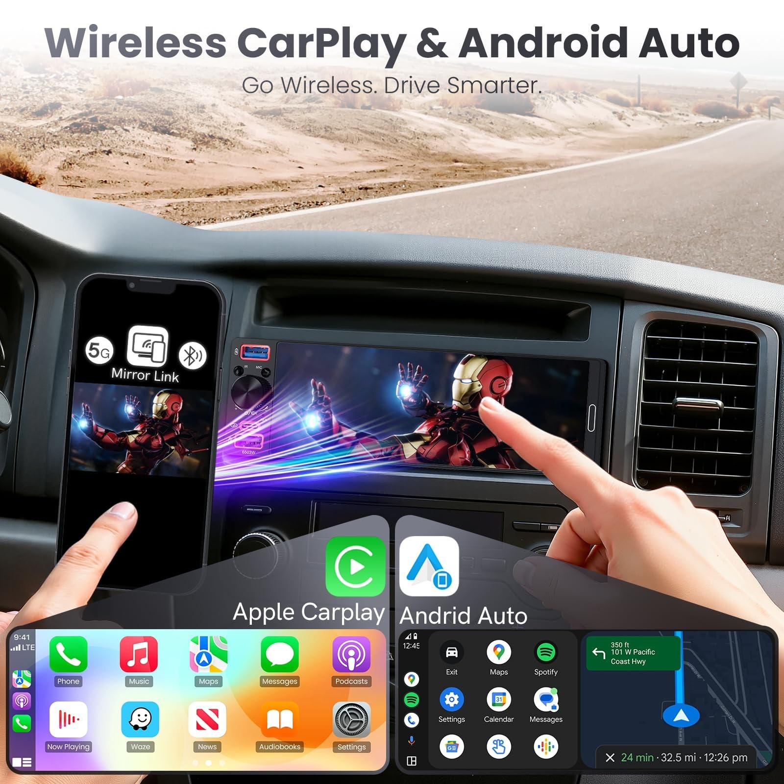 Single Din Car Stereo with 6.5” Touchscreen, Apple CarPlay, Android Auto, Blueto