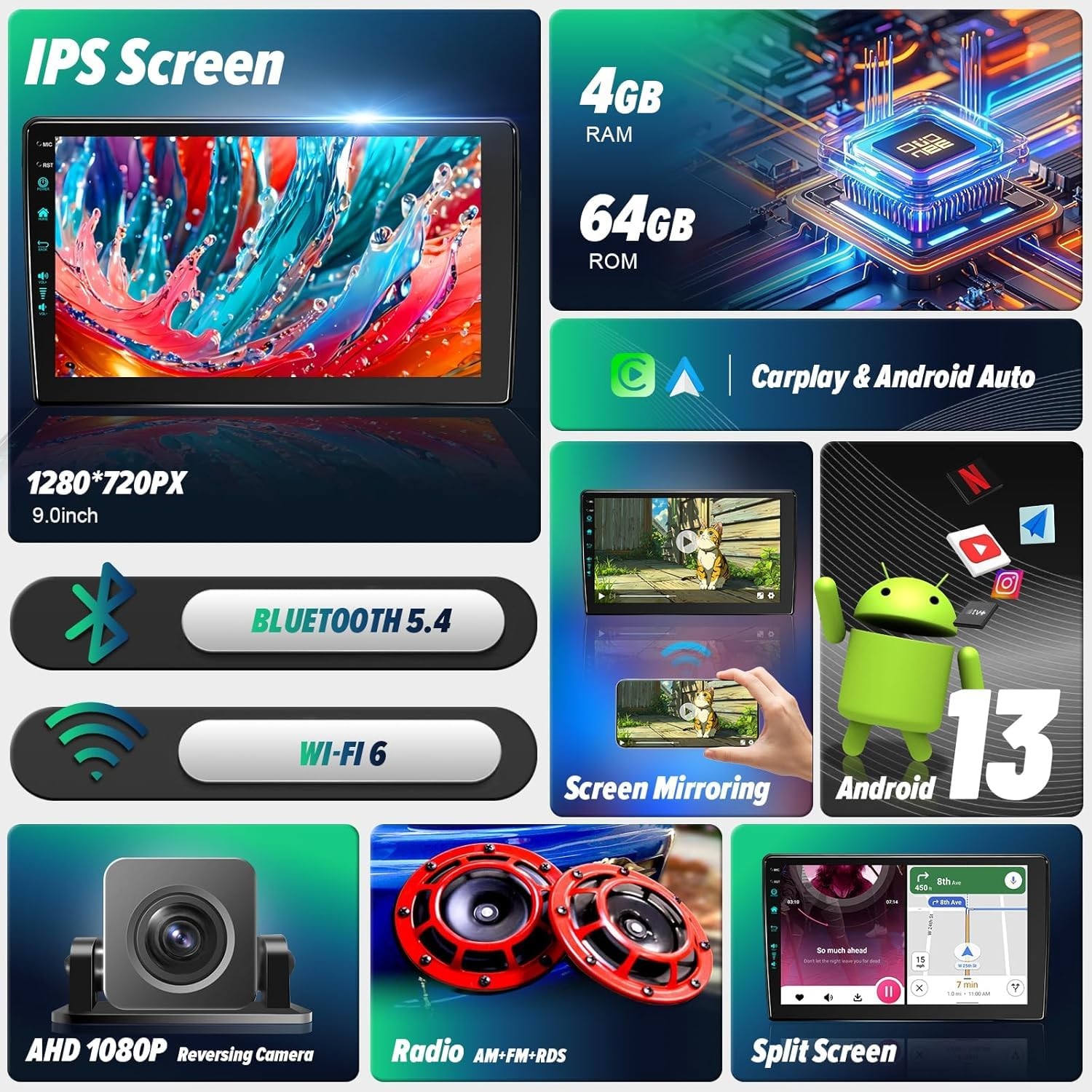 4+64 9″ Touchscreen Wireless Carplay Android Auto Stereo for 2009-2012 Ford F150