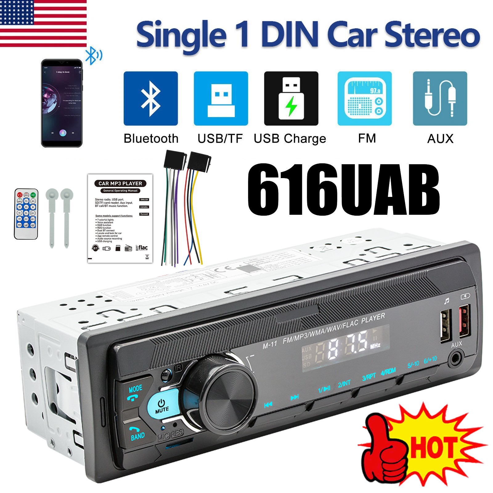 Audio 616UAB Marine Radio Head Unit for Marine Boat or Car MP3 Bluetooth FM