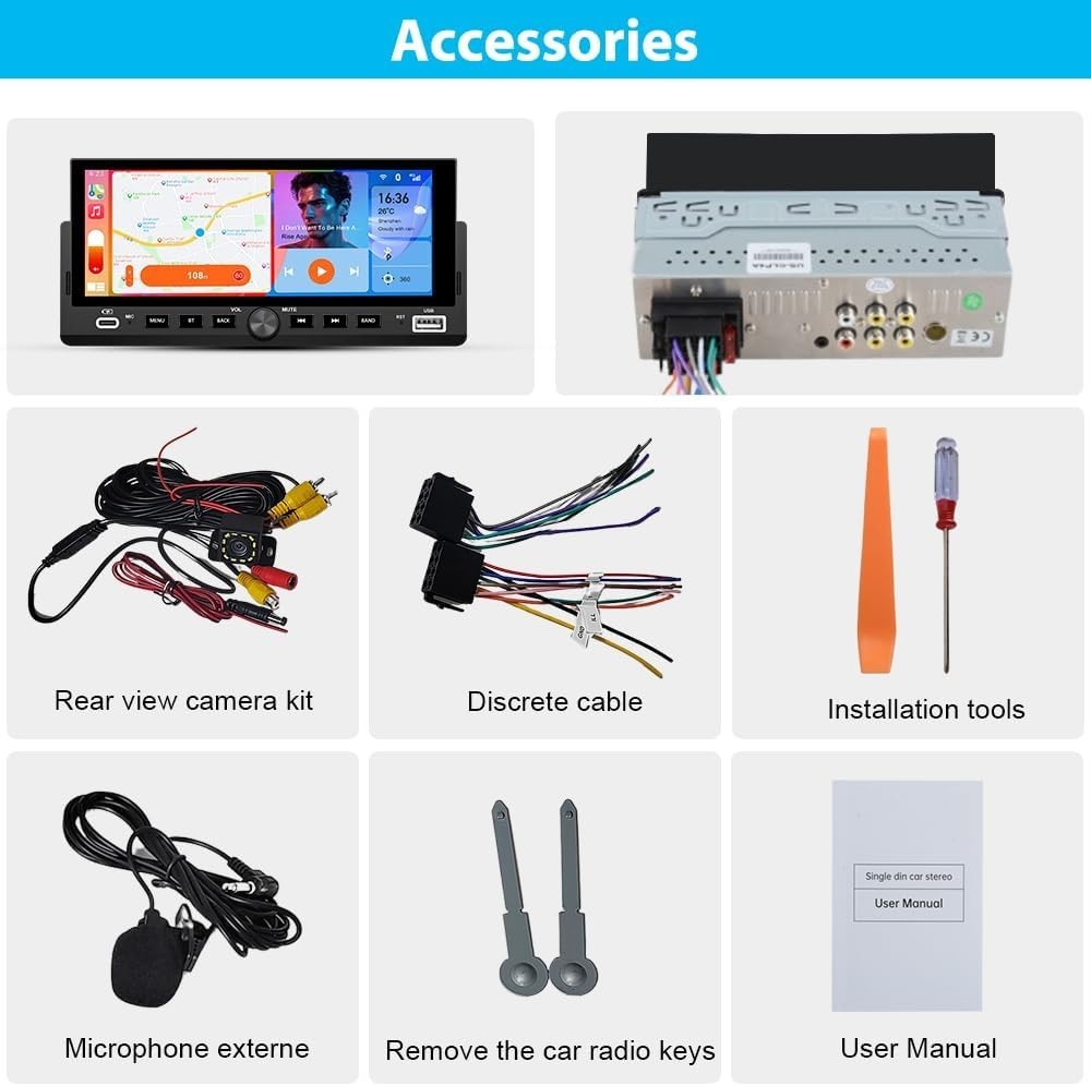 Single Din Car Stereo, 6.86 Inch CarPlay & Android Auto HD IPS Touchscreen Ra…