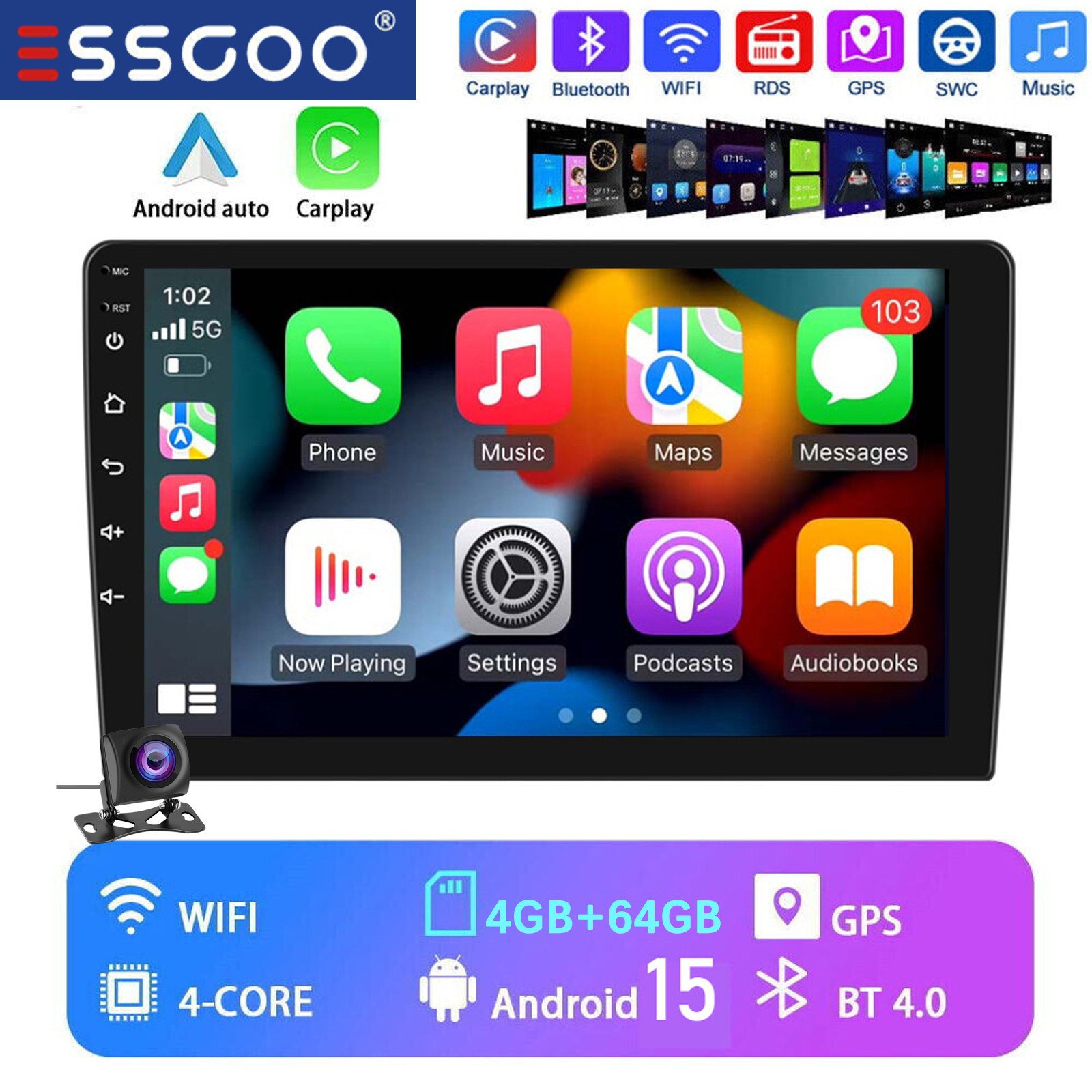 CAM+ 10″ Android 15 Car Stereo Radio Apple CarPlay Head Unit 2DIN GPS Navi 4+64G
