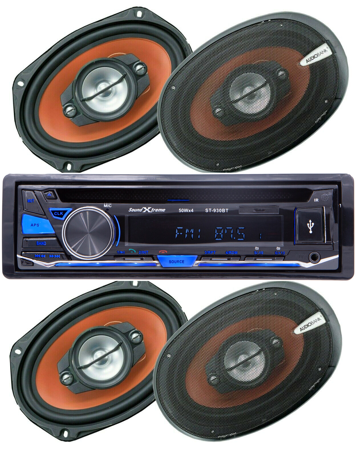 SoundXtreme ST-930BT Bluetooth Car FM SD Receiver + 4x Audiobank 6″x9″ Speakers