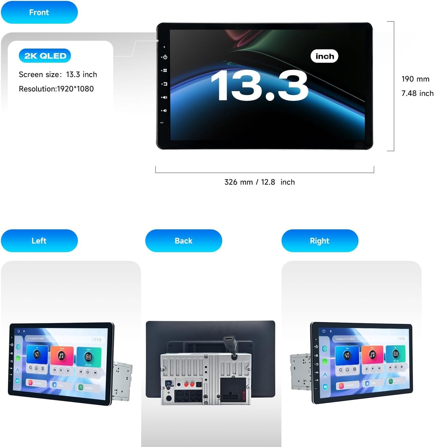 Dasaita 13.3″ Universal Stereo Double Din Radio WiFi CarPlay Android Auto GPS