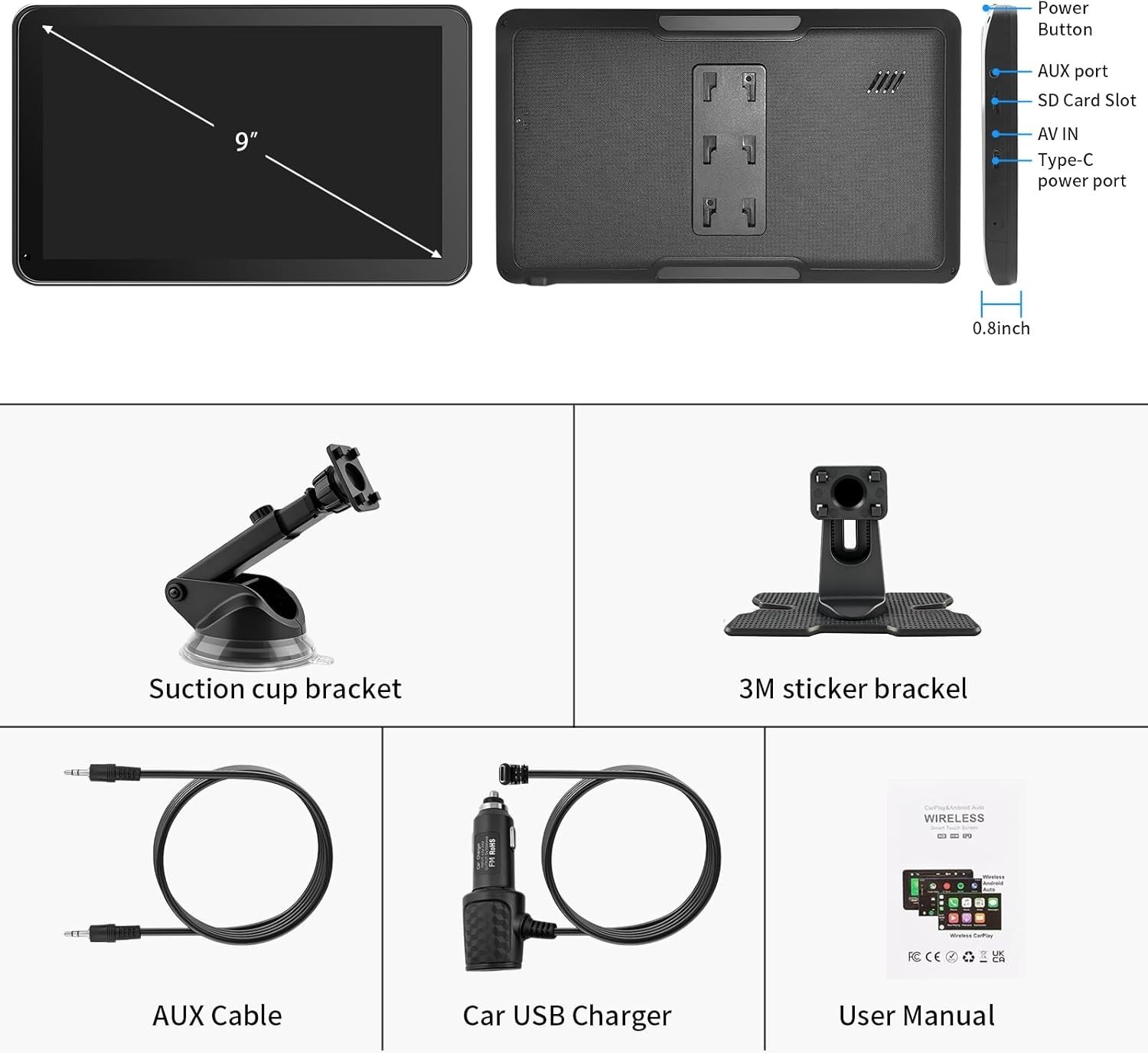 Wireless 9-Inch HD CarPlay Screen with Voice Control & Mirror Link Functionality