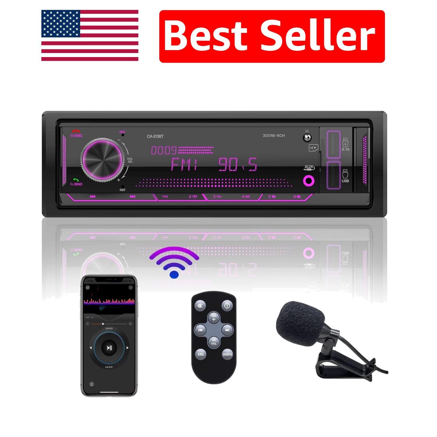Powerful 300W Bluetooth Car Radio with Multi-Color Display & Hands-Free Calls