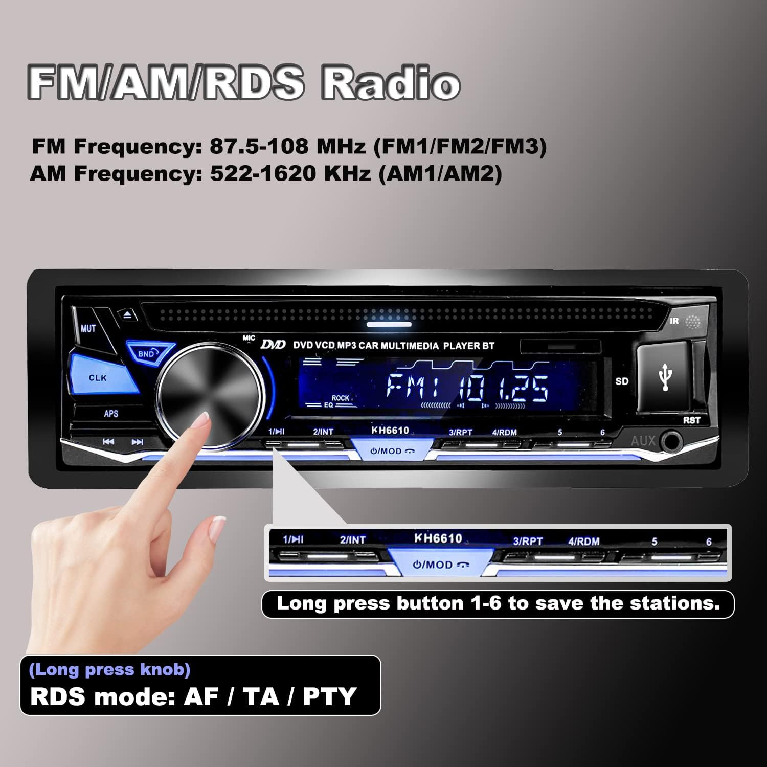 Single Din Car Stereo with CD/DVD Player | Bluetooth | FM/AM/RDS Radio | USB SD