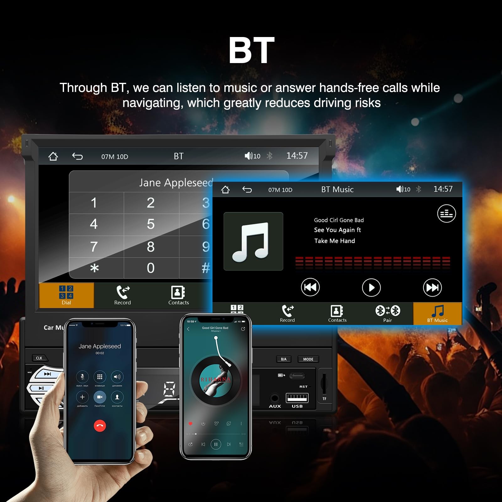 Retractable Car Radio, 1 Din Stereo Hidden Screen
