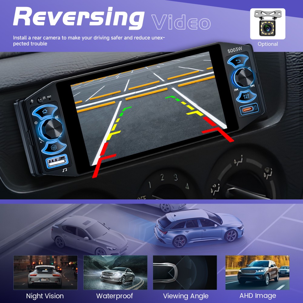 5″ Single 1Din Car Stereo Radio USB BT Wireless Android auto Carplay BT + Camera