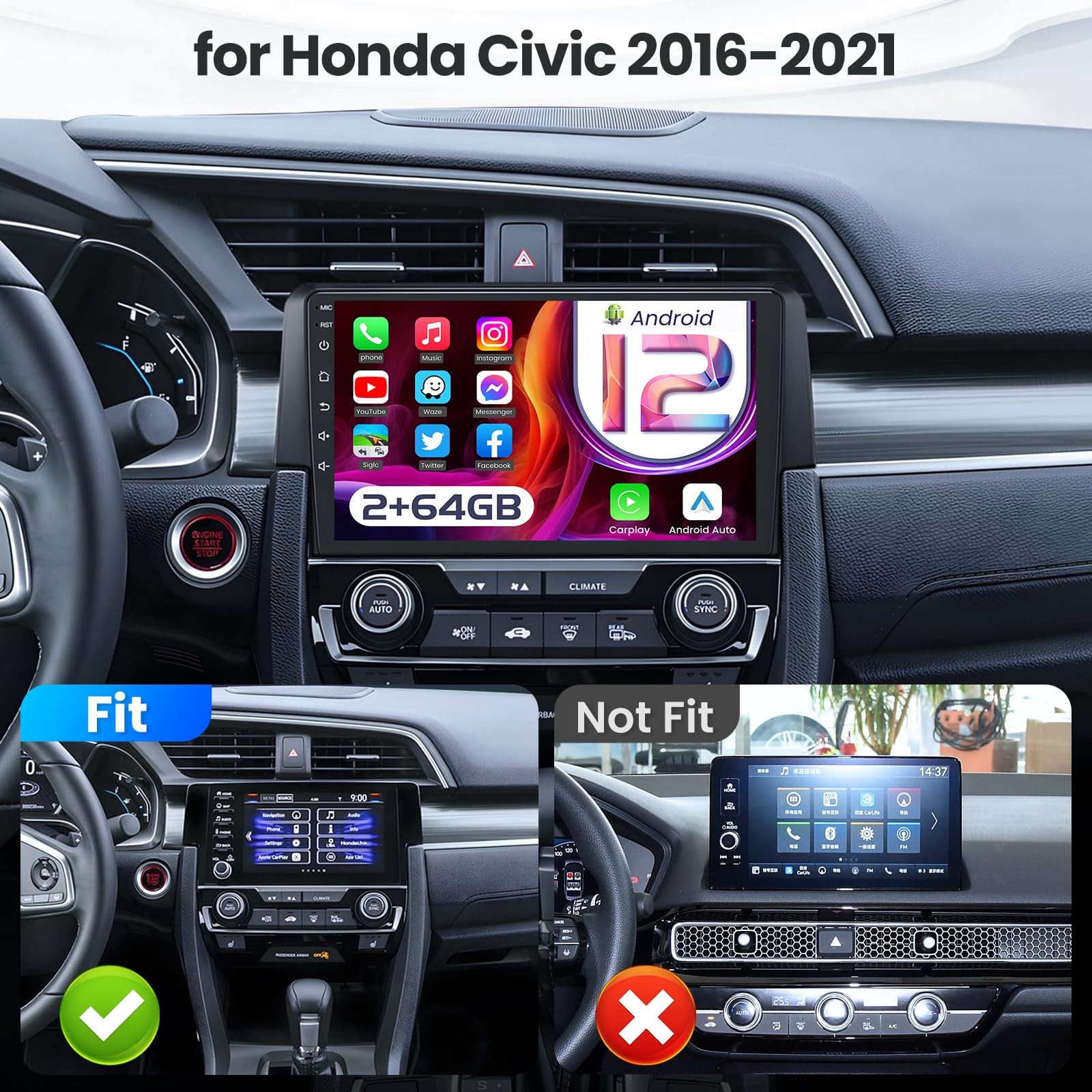 For Honda Civic 2016-2020 Car Stereo Radio Navi Android 13.0 Carplay Screen 64G