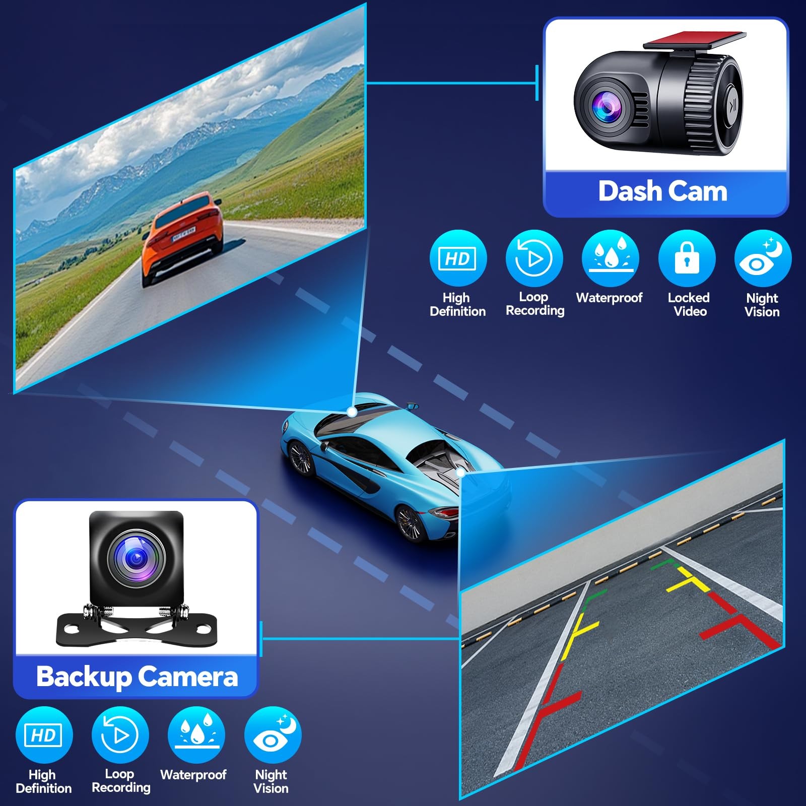 QLED Double Din Car Stereo with Dash Cam & Backup Camera, Wireless Apple CarP…