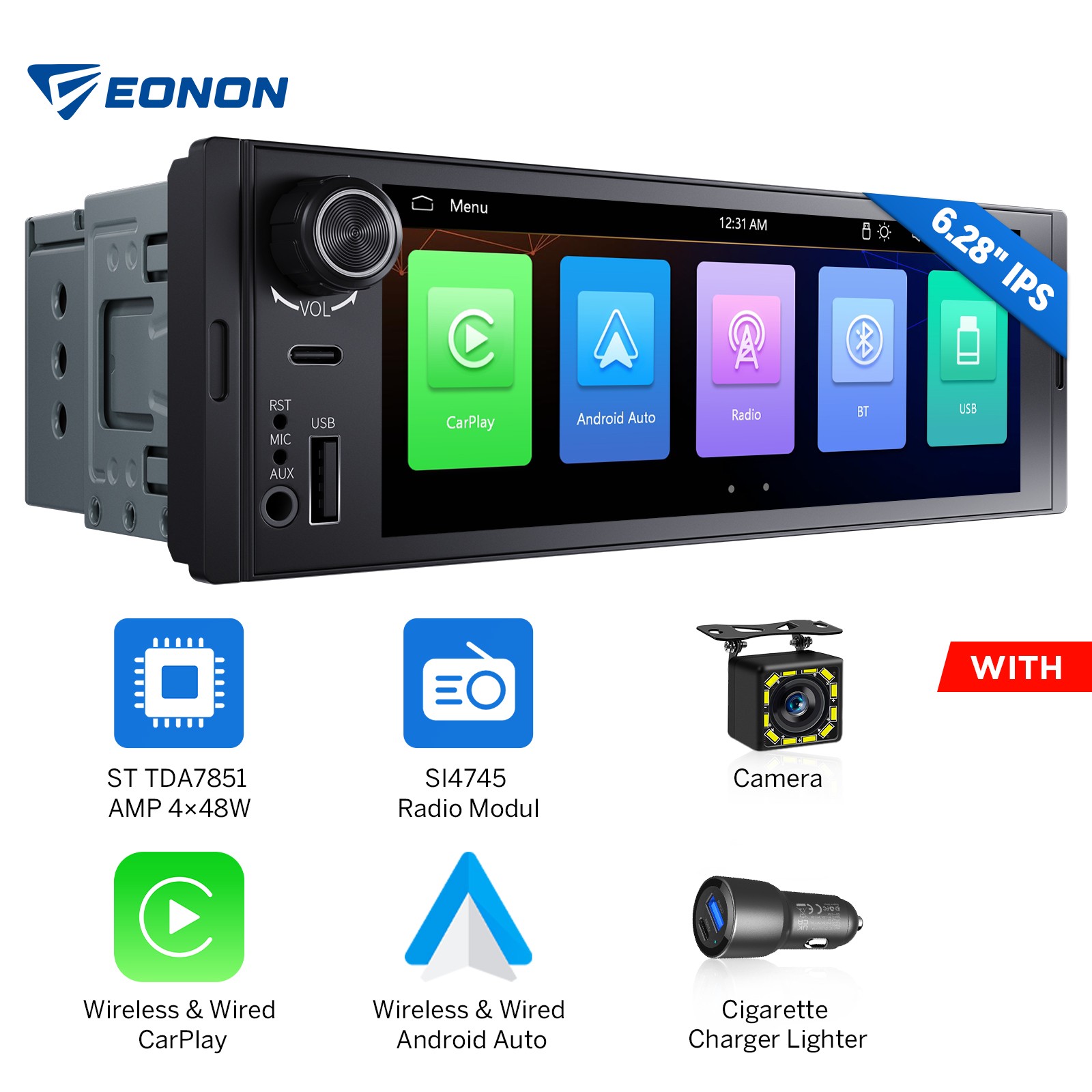 Eonon X3U Single DIN 6.28″ Android Auto Car Stereo Radio Wireless CarPlay GPS BT