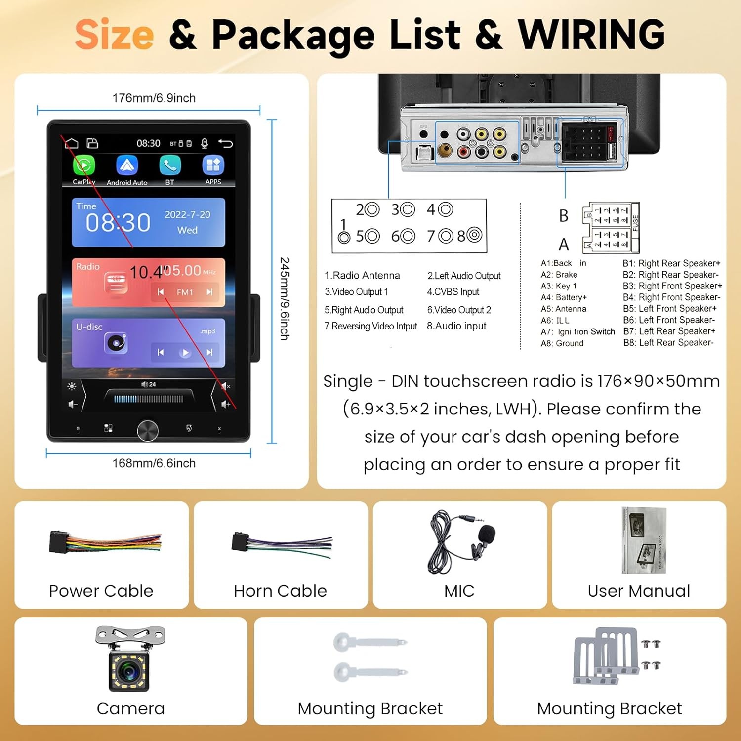 Single 1 DIN Auto Rotatable Screen 10.4″ Carplay Android Car Stereo Radio GPS BT