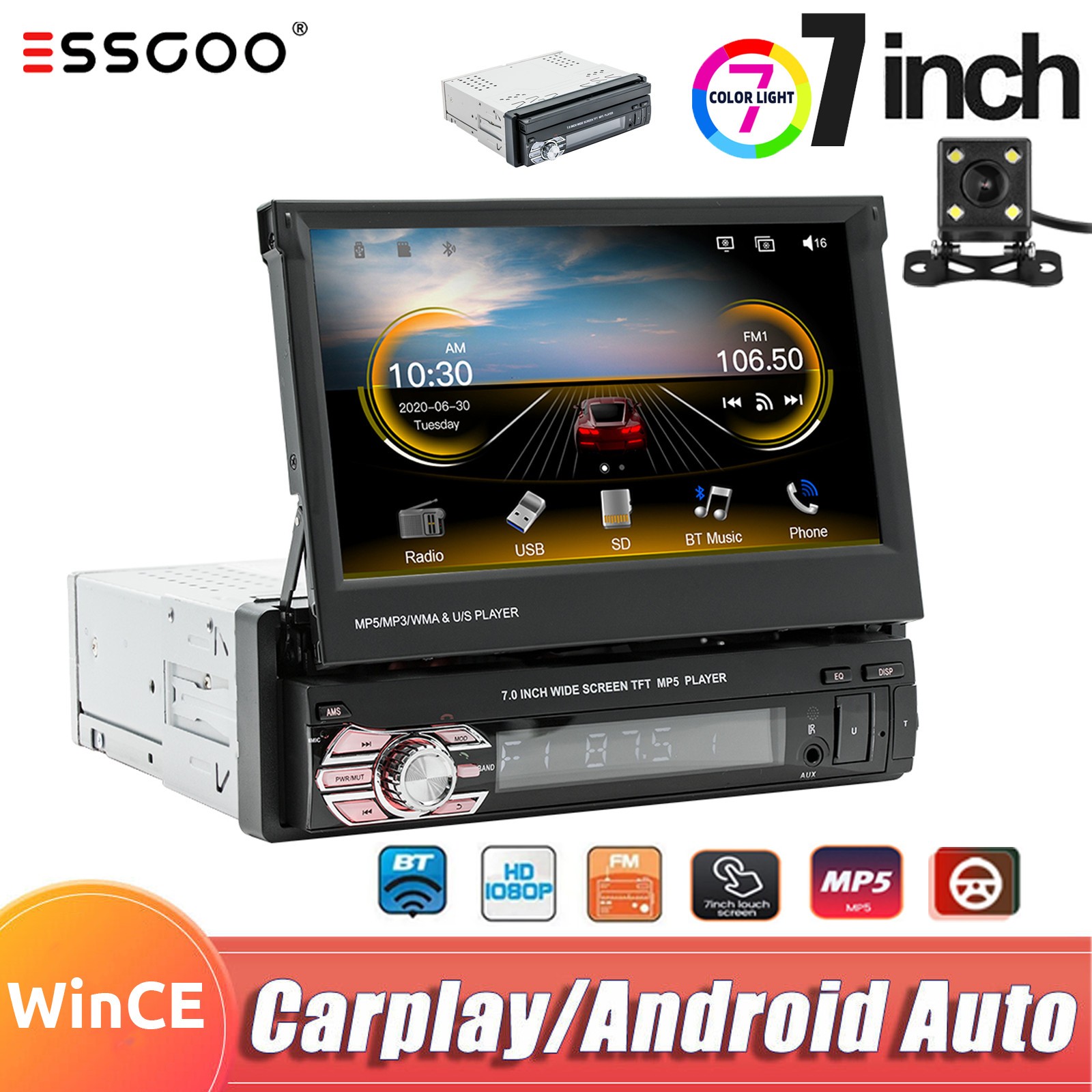 7″ Single 1DIN Bluetooth Car Radio Stereo Carplay USB Touch Screen Flip Out +CAM