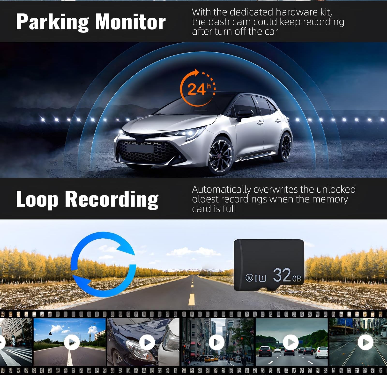 CAMECHO Dual Dash Cam 1080P Front & Inside, IR Night Vision, Loop Record, G-Sens