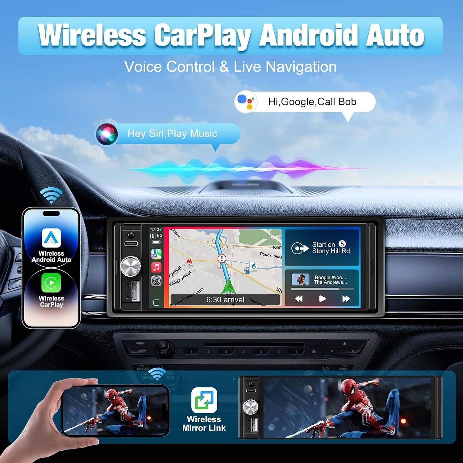 Single Din Car Stereo, 6.28″ HD Touch Screen Radio Wireless CarPlay Android A…
