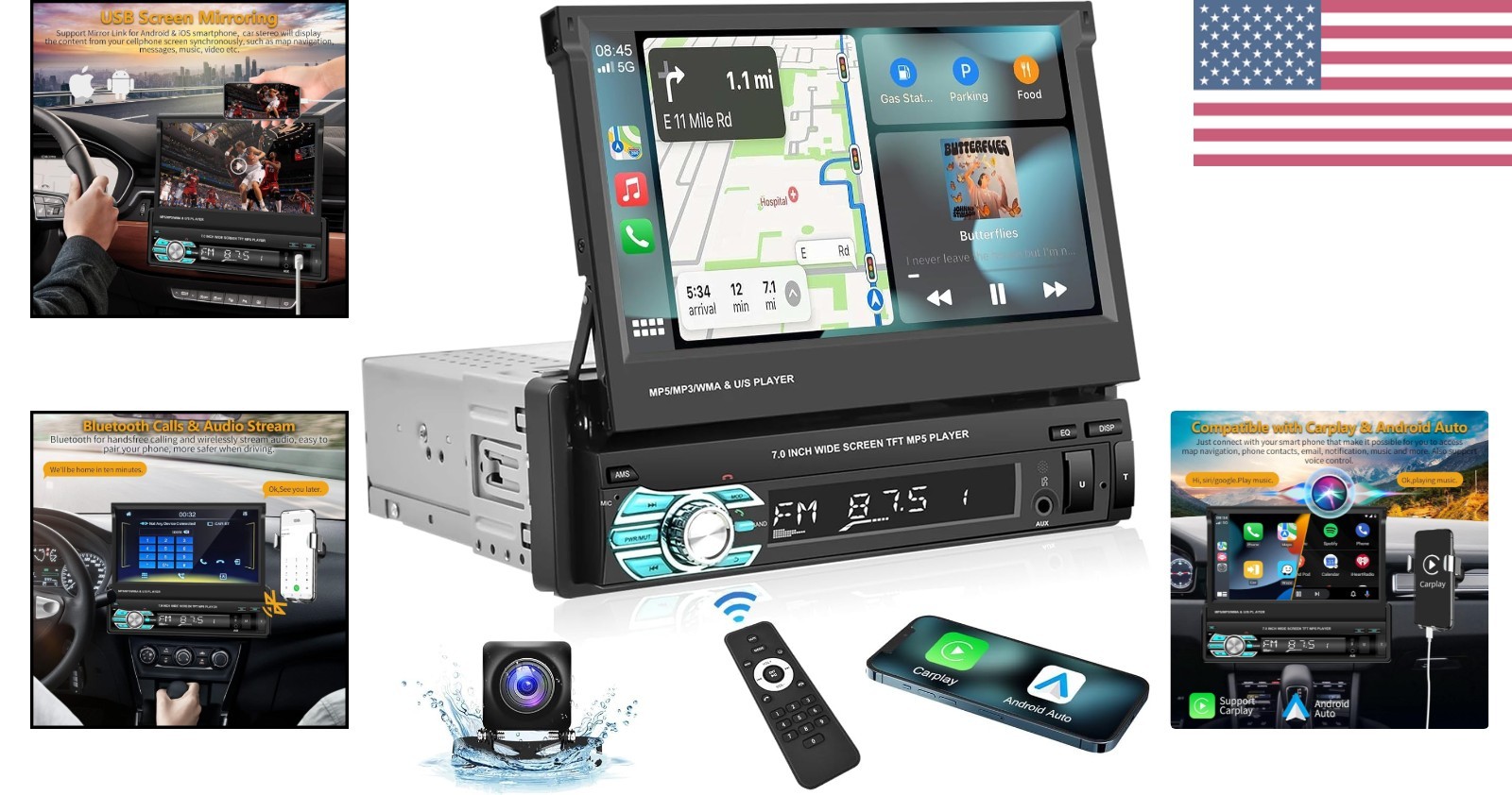 Single Din Carplay Car Stereo with Bluetooth AHD Backup Camera, 7 Inch flip O…