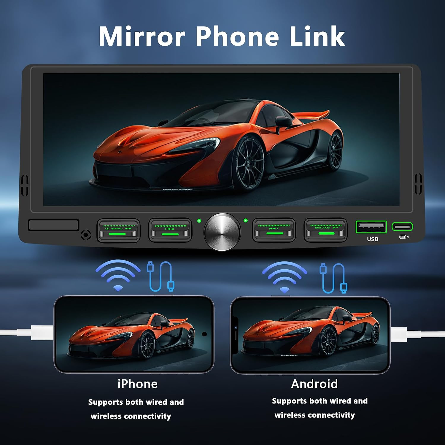 Single Din Touchscreen Radio with Wireless Apple Carplay & Android Auto, 6.9″ IP