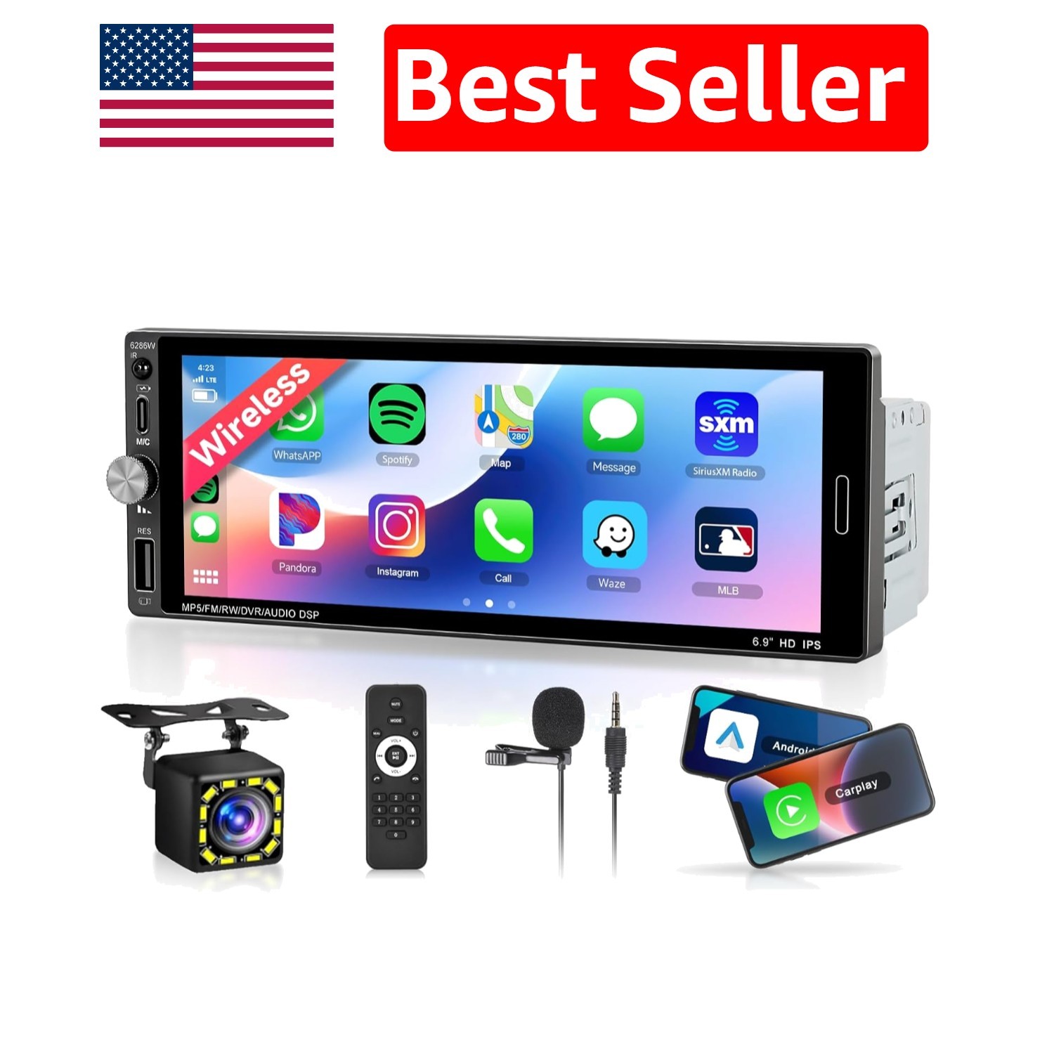 Upgraded Single Din Car Stereo with Backup Camera & Touch Screen – Bluetooth 5.2