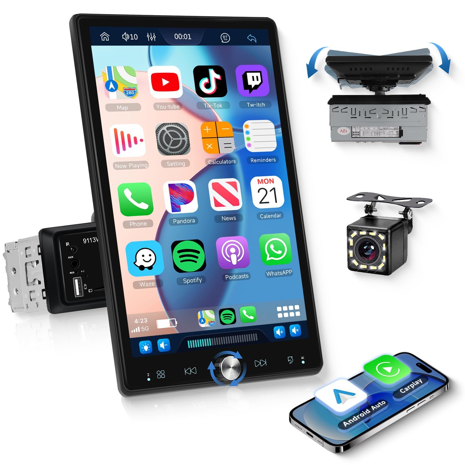 Single Din Car Stereo with Wireless Carplay/Android Auto,10.4″ Adjustable Tou…