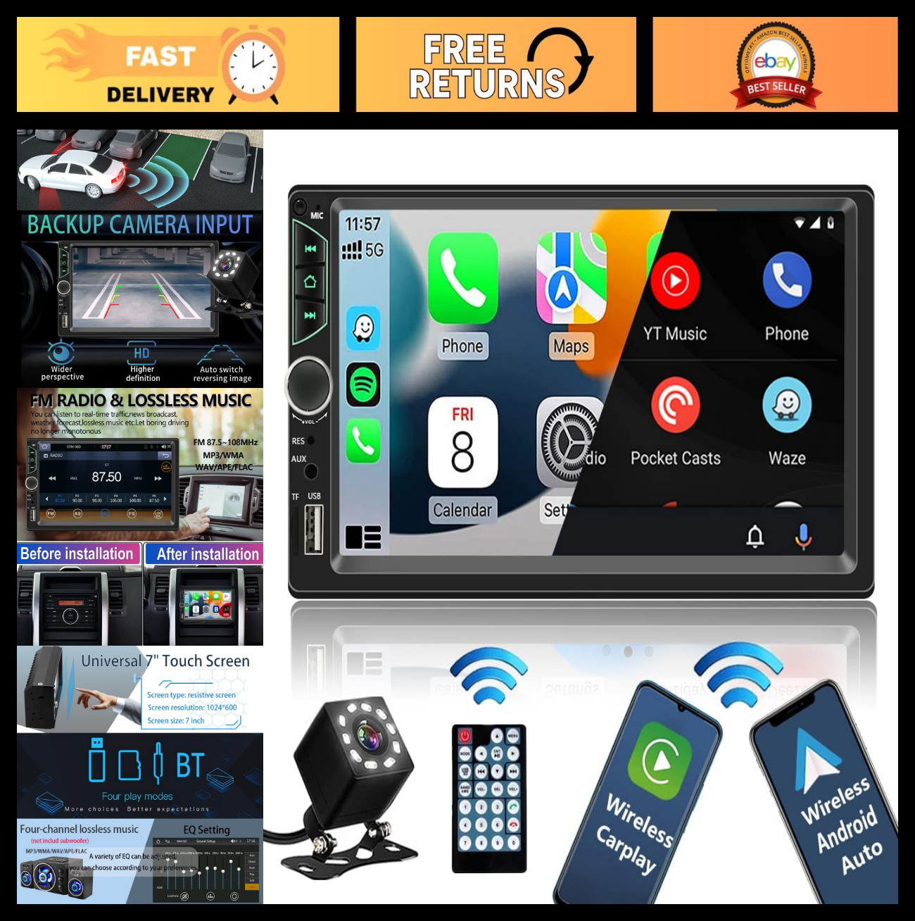 7″ Double Din Car Stereo – Wireless Apple CarPlay & Android Auto, Bluetooth, Bac