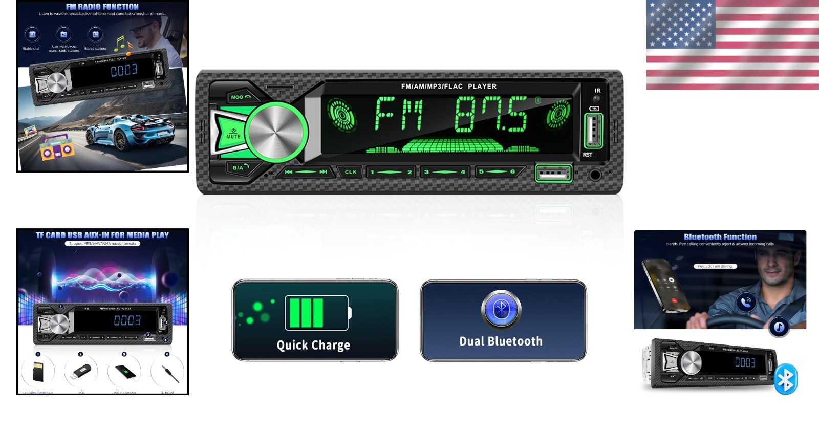 Single DIN Bluetooth Car Stereo with LCD Display & Quick Charge – MP3 Player