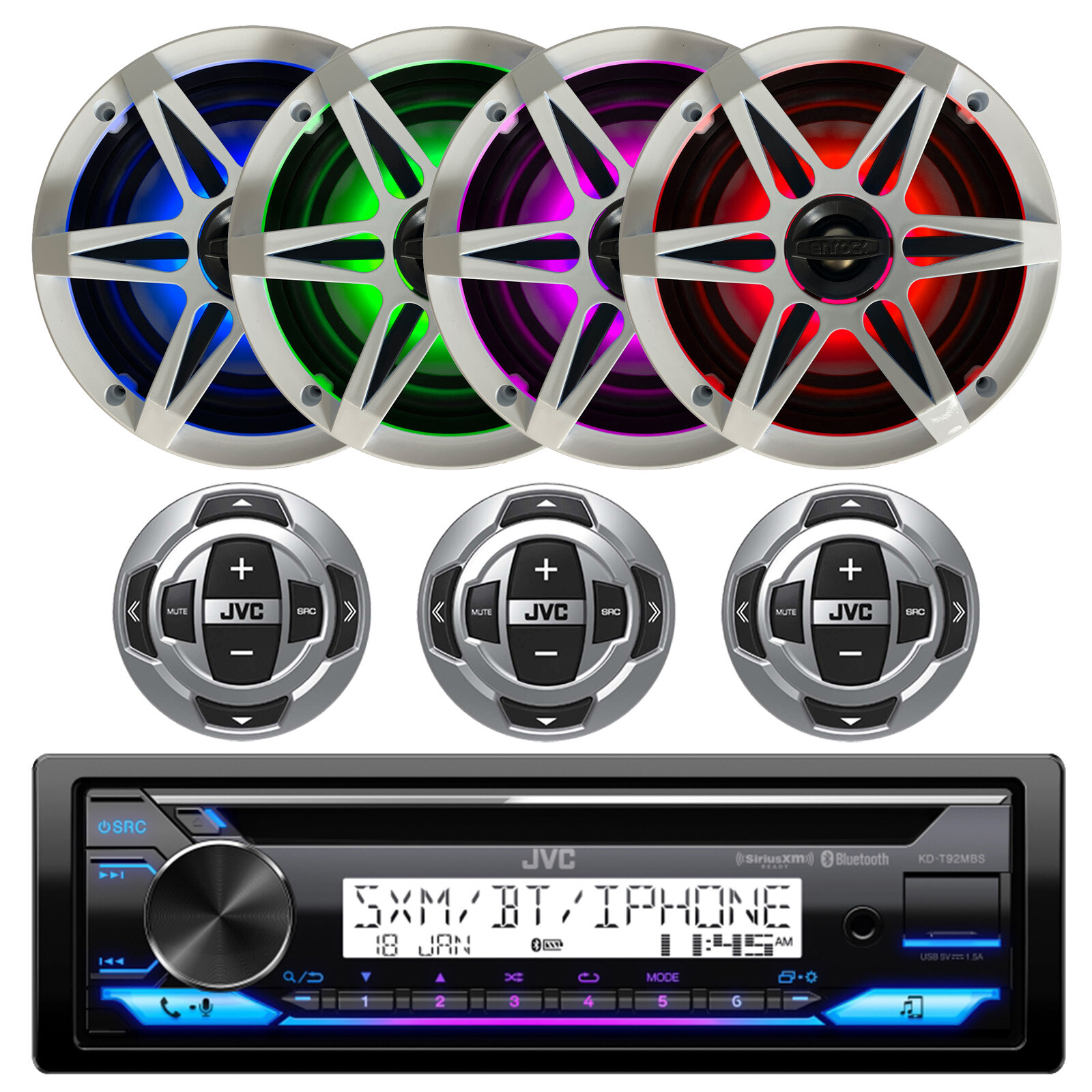 JVC Marine Bluetooth CD Receiver, 4x 6.5″ LED Speakers, Grilles, 3x Wired Remote