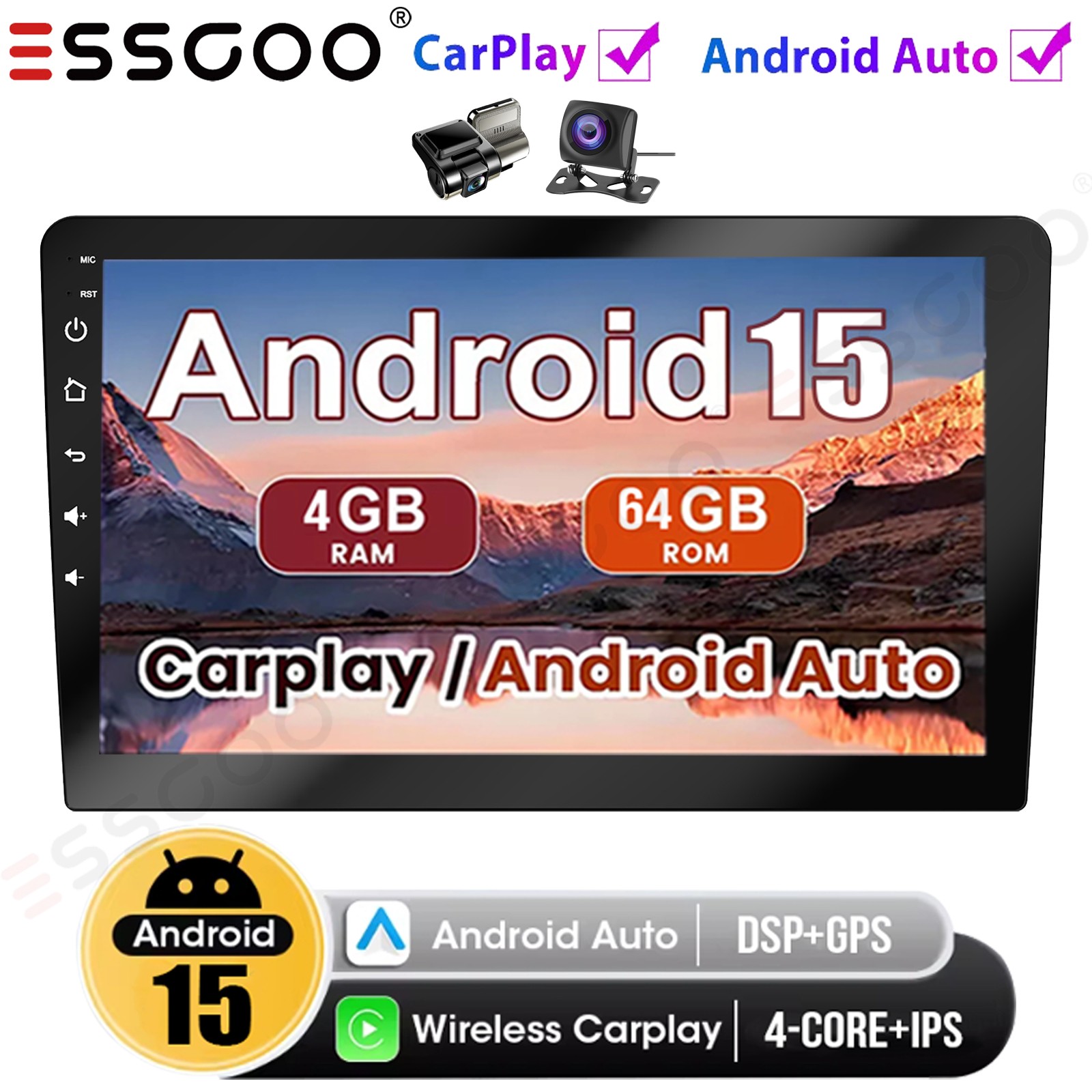 9 Inch DVR+ 2Din Android 15 Carplay Car Stereo Radio GPS Navi FM BT 4+64G Camera