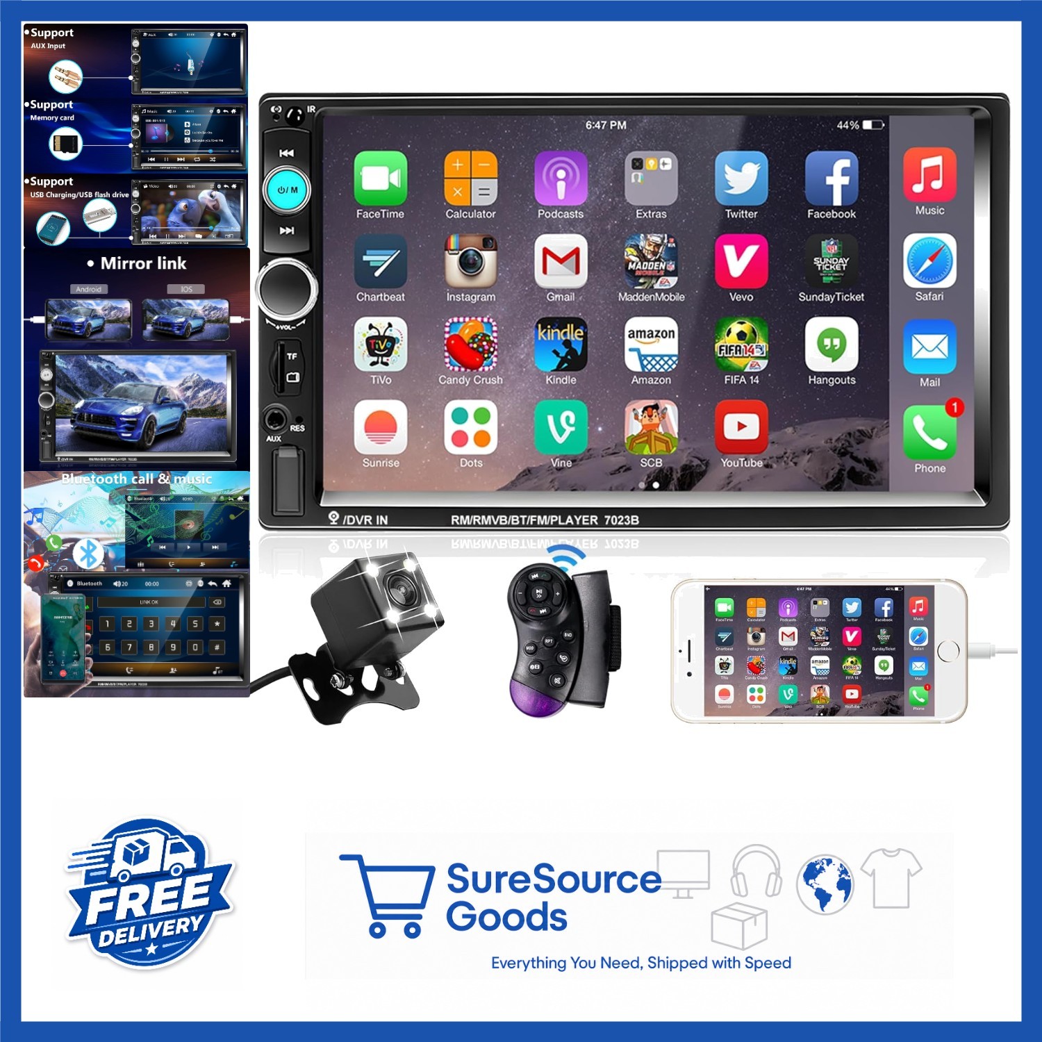 Double Din 7 Inch Car Stereo Bluetooth Touchscreen with Steering Wheel Control