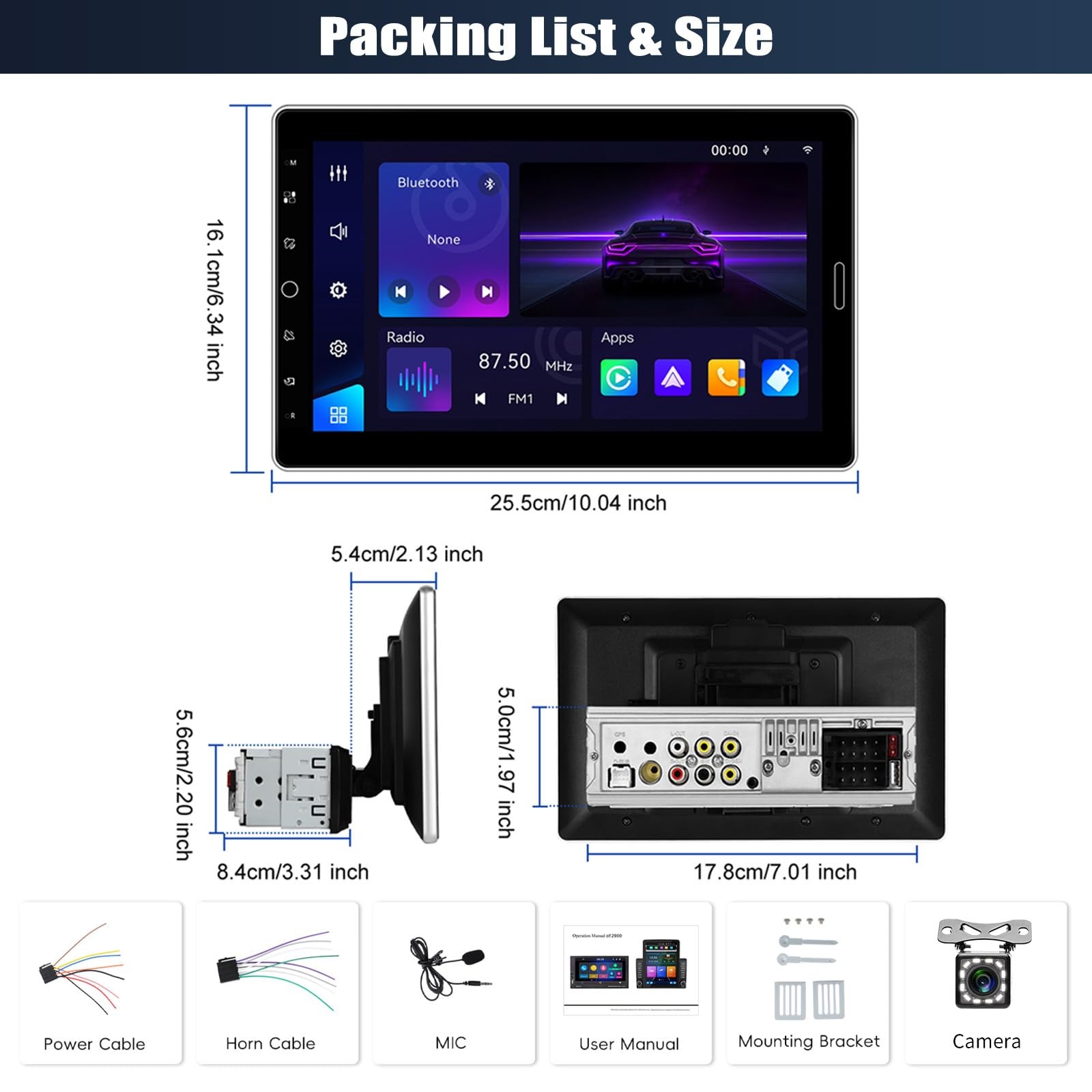 10.1 Inch Single Din Car Radio Stereo with Wireless CarPlay&Android Auto, Det…