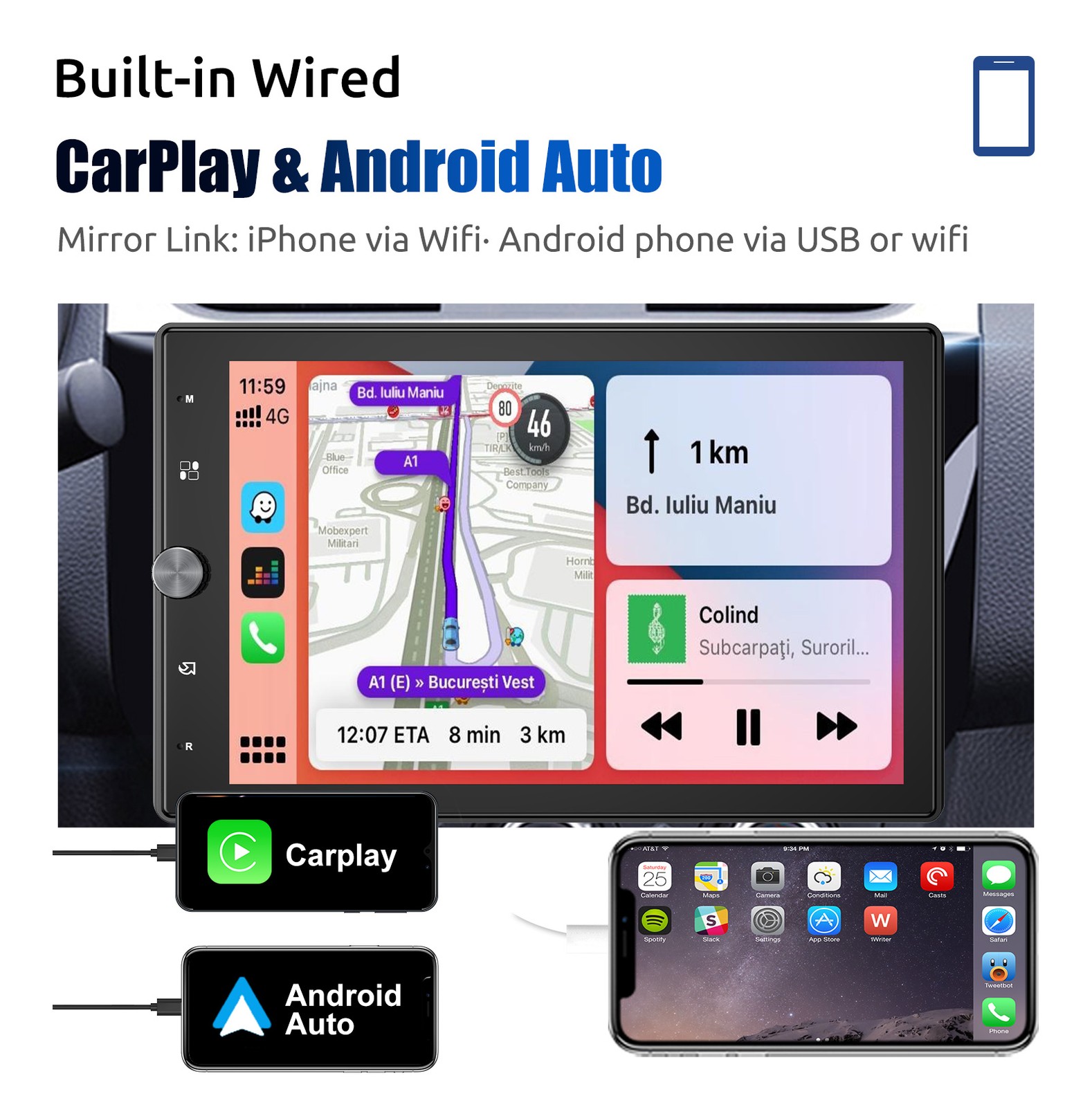 10.4″ Single 1 Din Touch Screen Stereo Bluetooth Radio Car Apple/Android Carplay