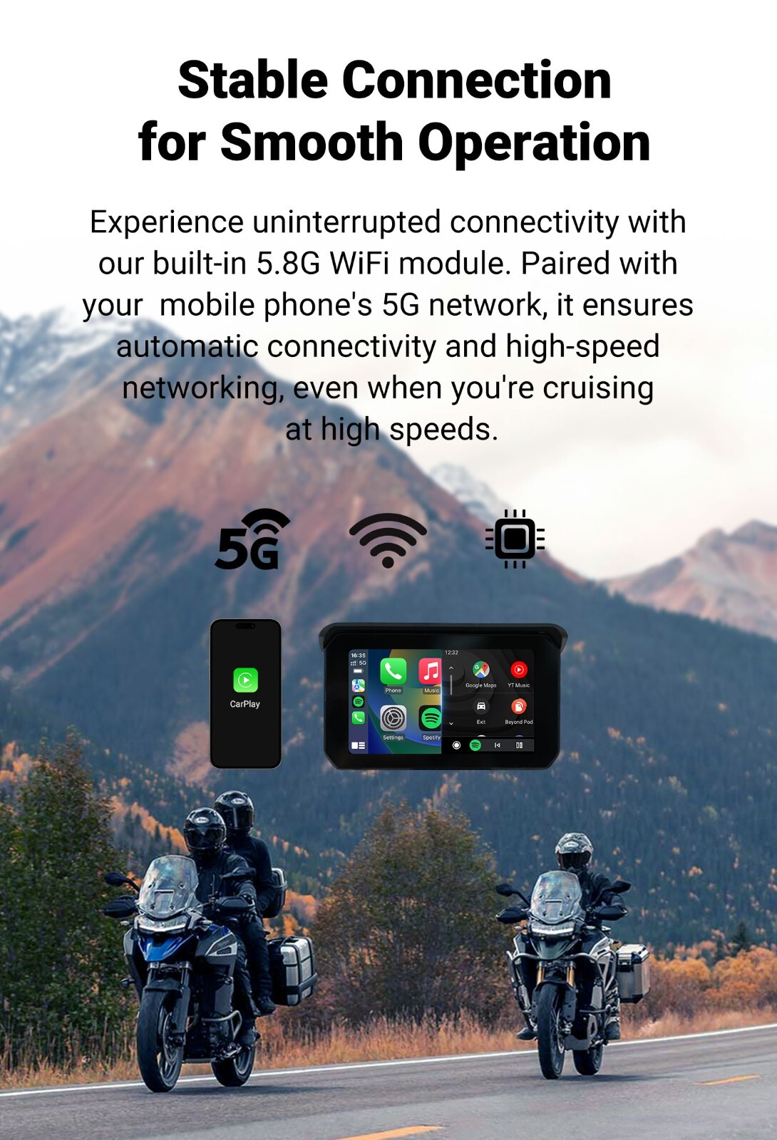 GPS Portable Motorcycle Navigator Wireless CarPlay Waterproof 5″IPS Touch Screen