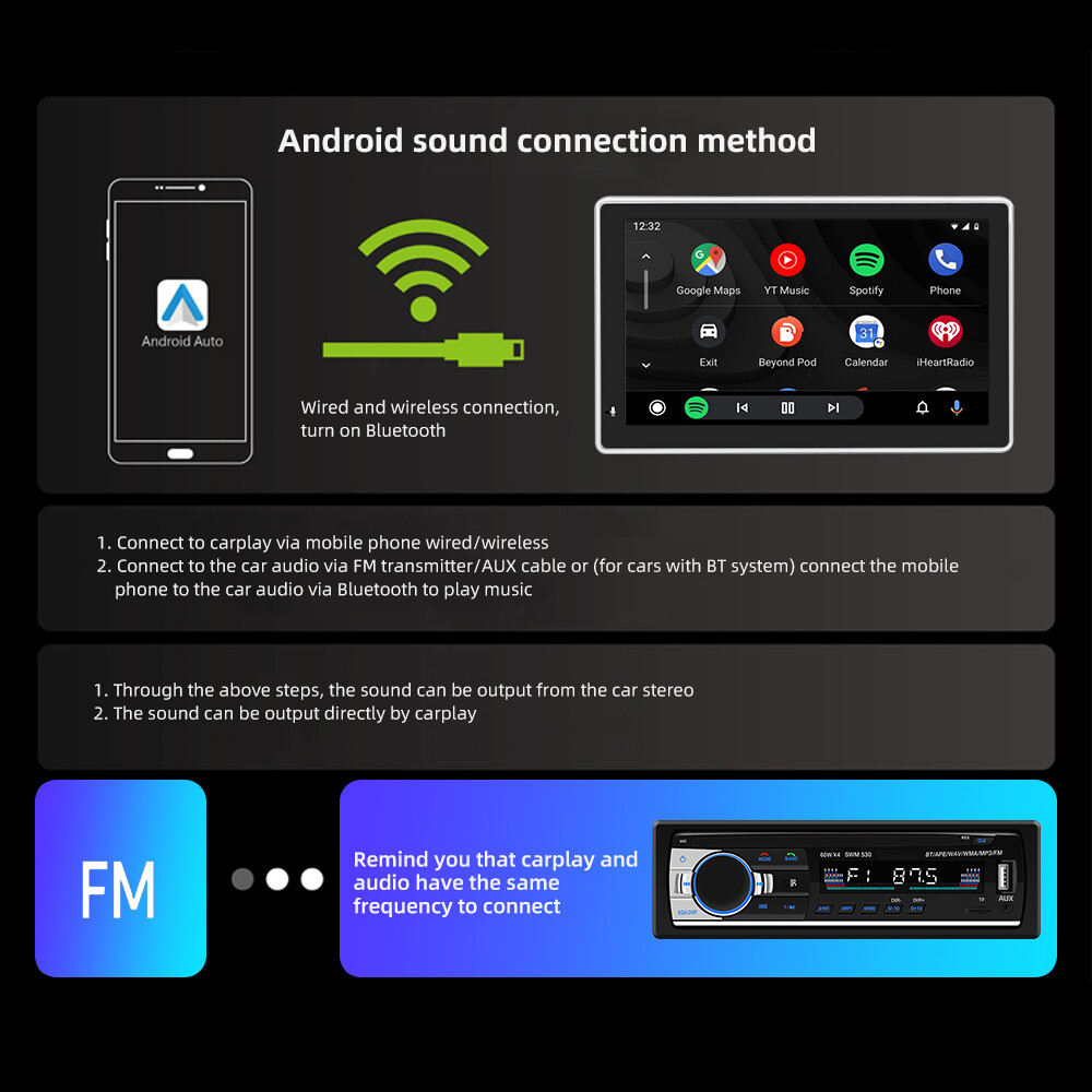 7″ Touch Screen Portable Wireless Apple CarPlay Android Auto Car Radio Stereo